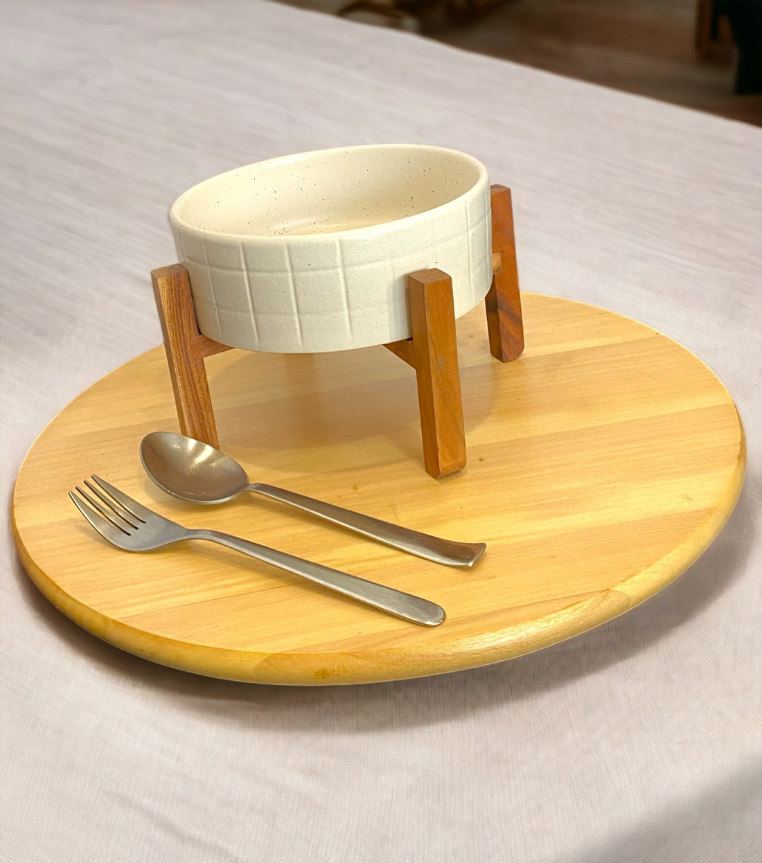 Ceramic White Server with Wooden Stand