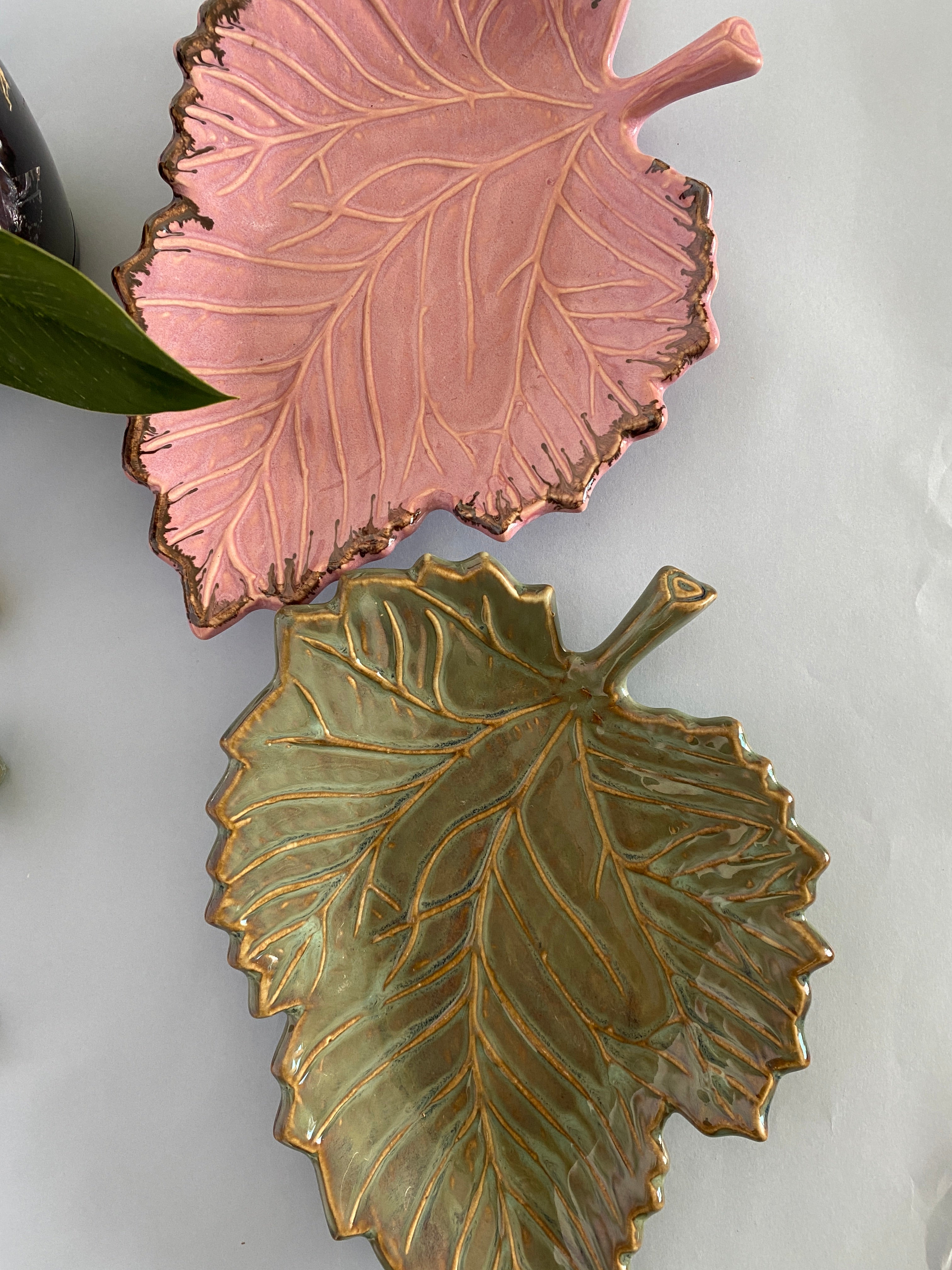 Tropical Pink & Green Leaf Shaped Ceramic Tray Set of 2