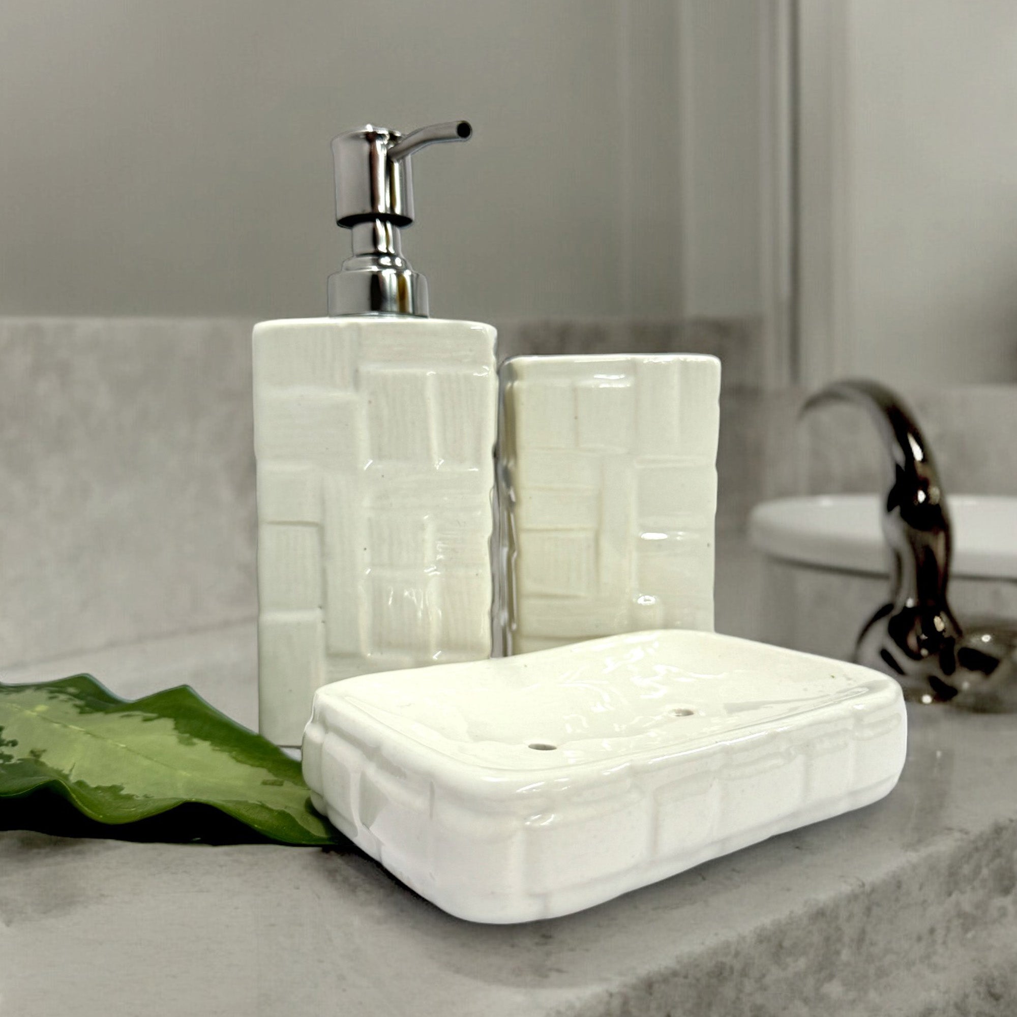 Modern White Ceramic Bath Set - Set of 3