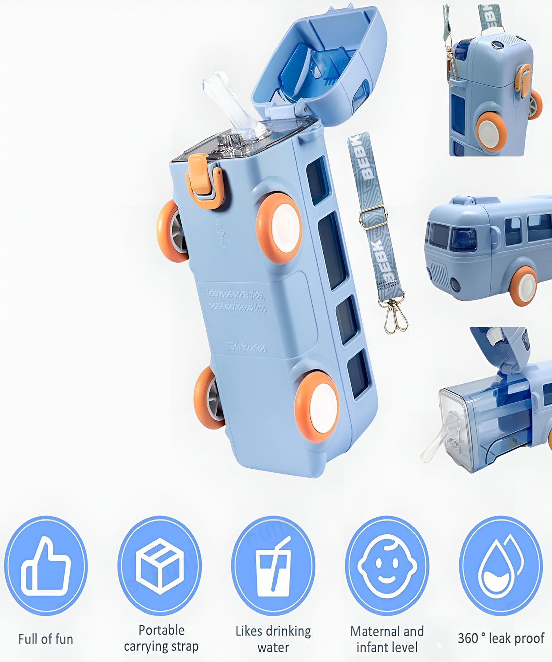 Blue Bus Shape Water Bottle for Kids with Strap, Sipper & Lock