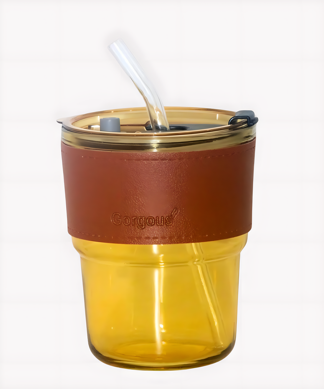 Brown Glass Tumbler with Straw & Anti-Slip Leather Protective Cover