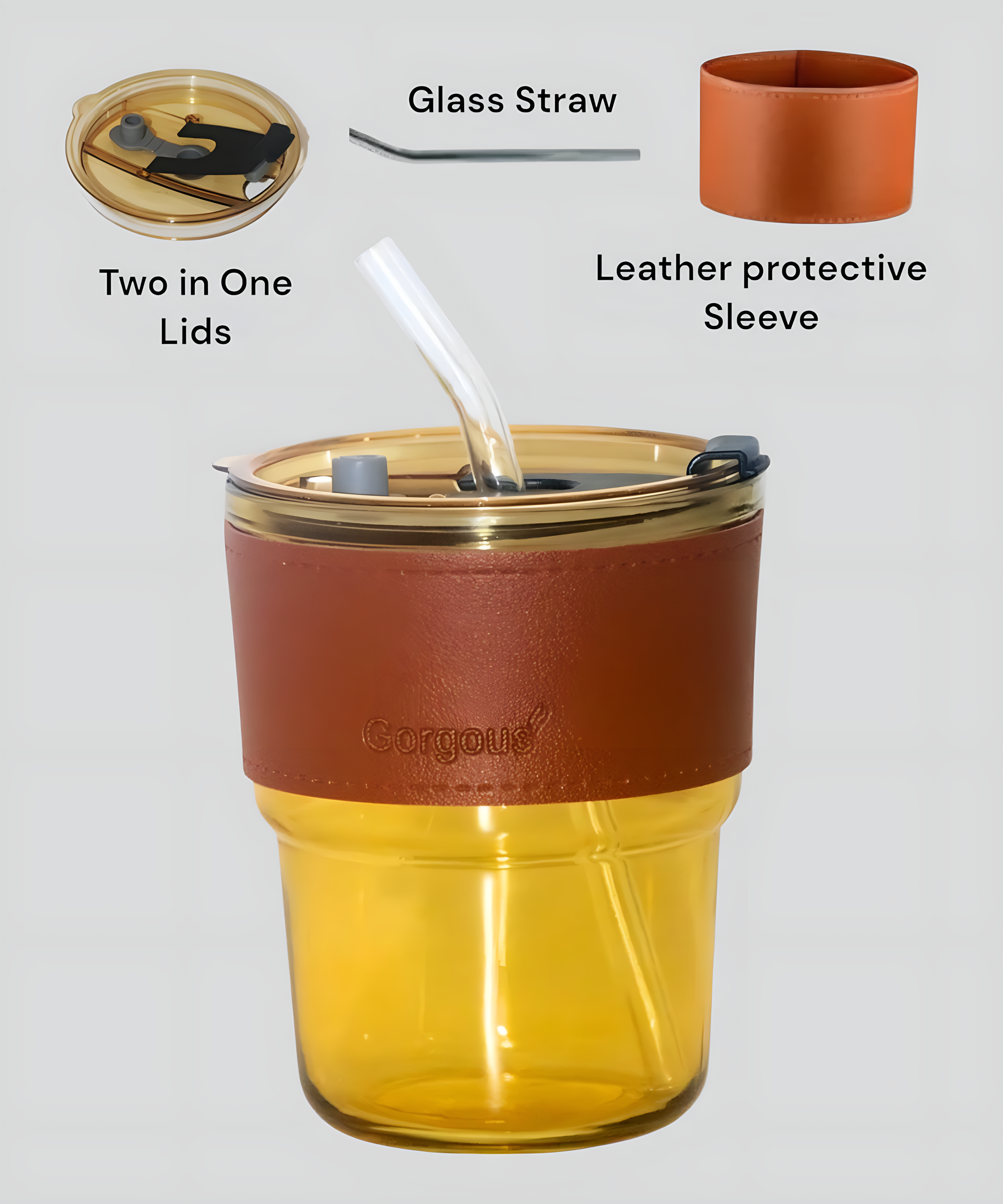 Brown Glass Tumbler with Straw & Anti-Slip Leather Protective Cover