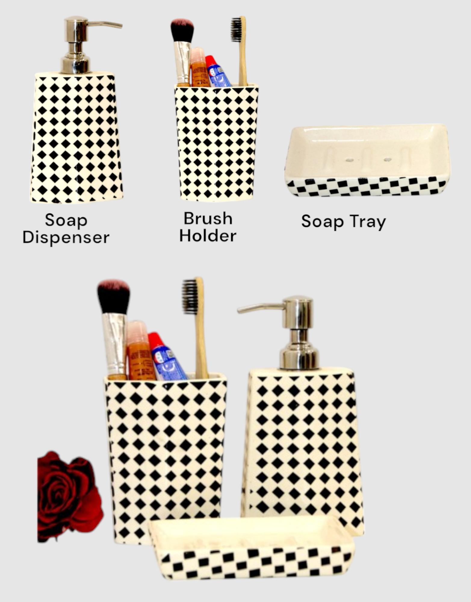 Ceramic Black & White Diamond Paint Bath Set of 3