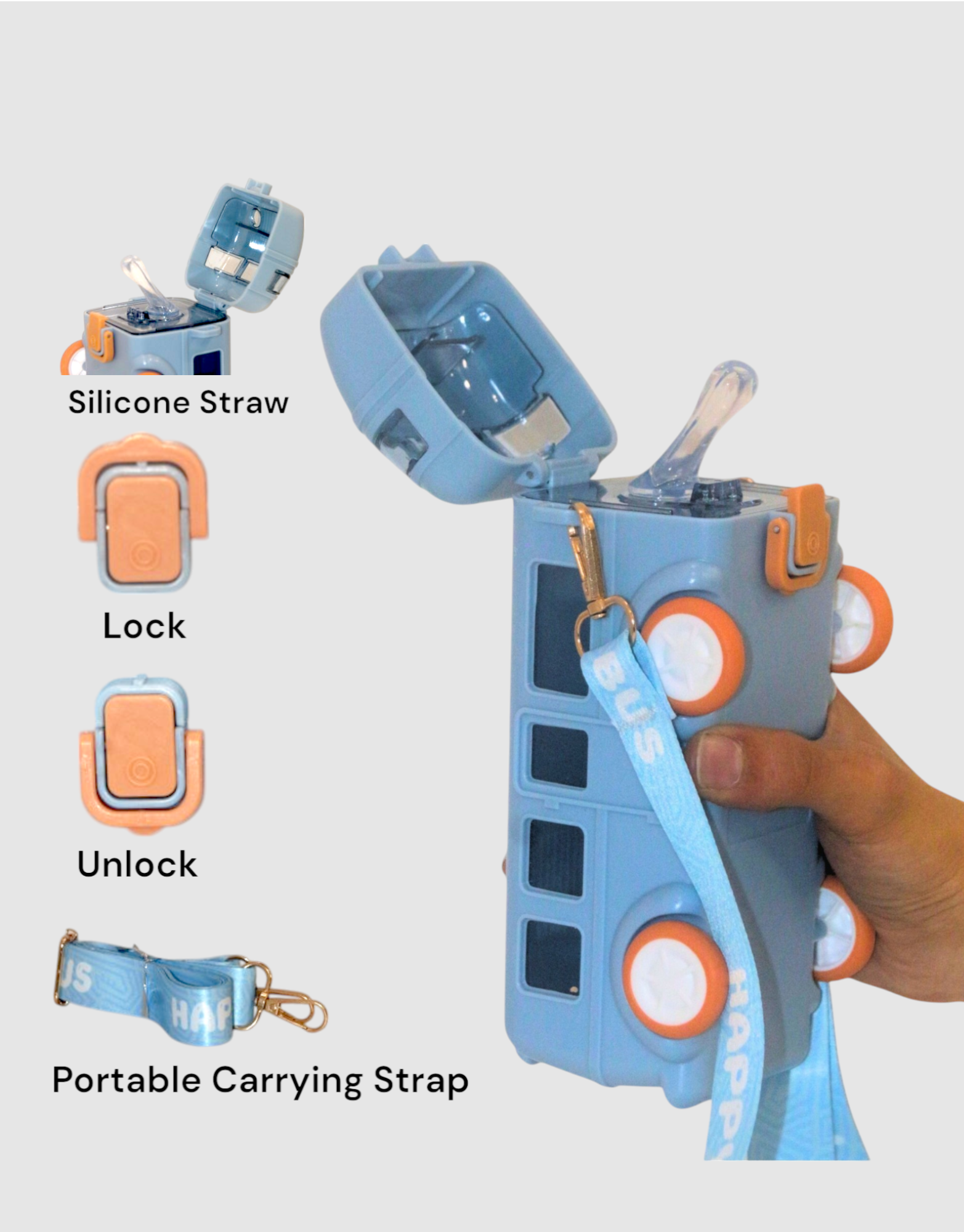 Blue Bus Shape Water Bottle for Kids with Strap, Sipper & Lock