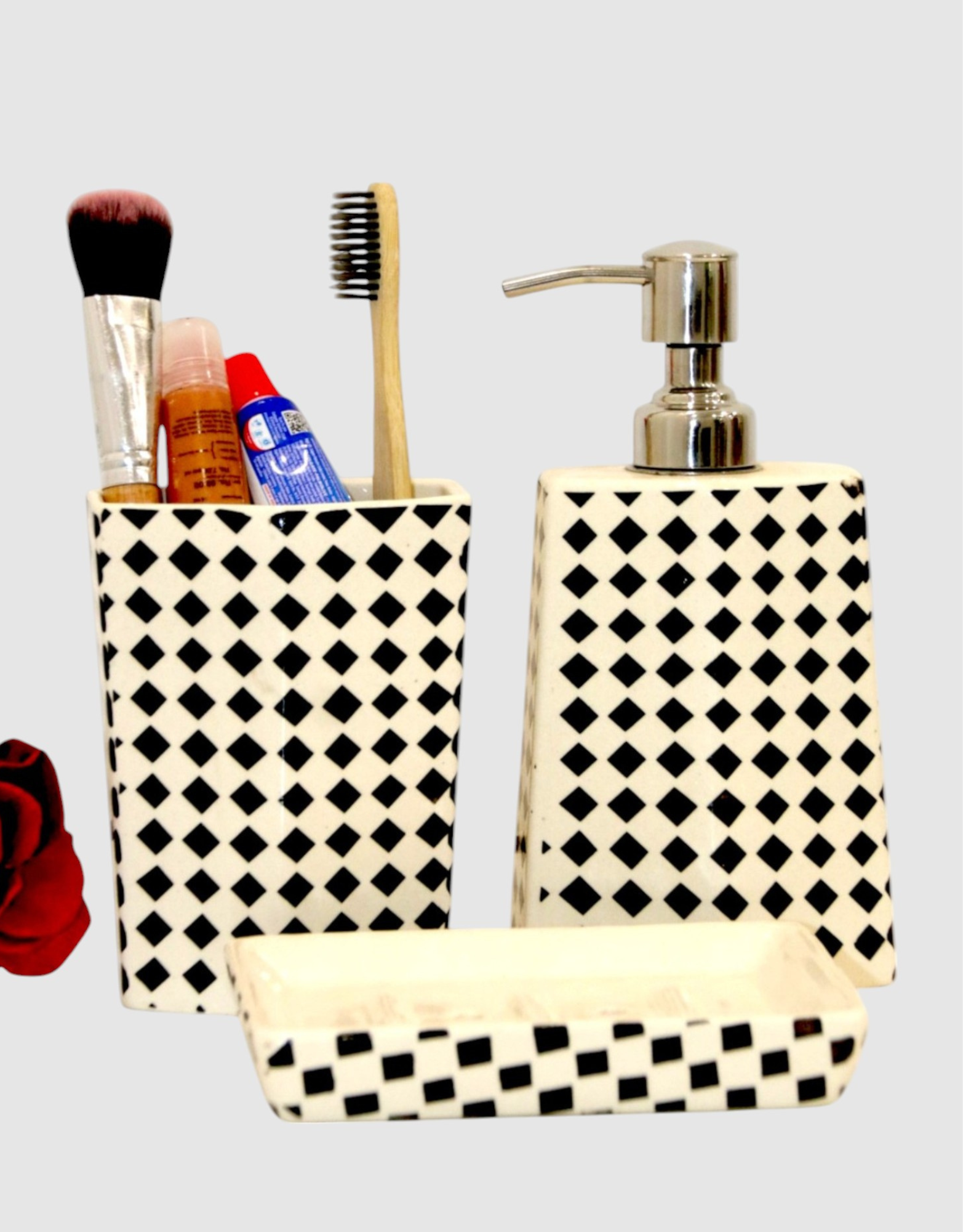 Ceramic Black & White Diamond Paint Bath Set of 3