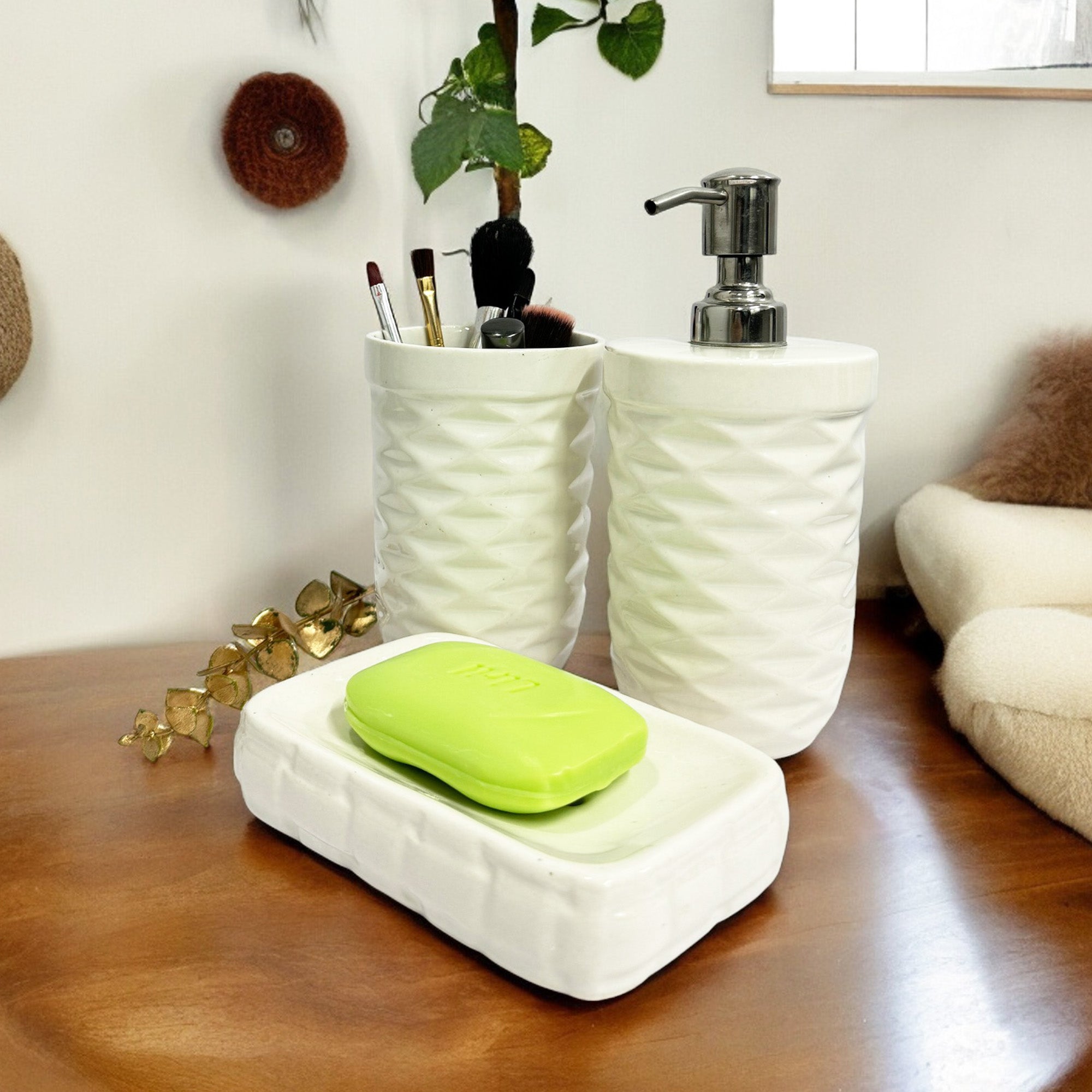 Modern Round White Ceramic Bath Set - Set of 3