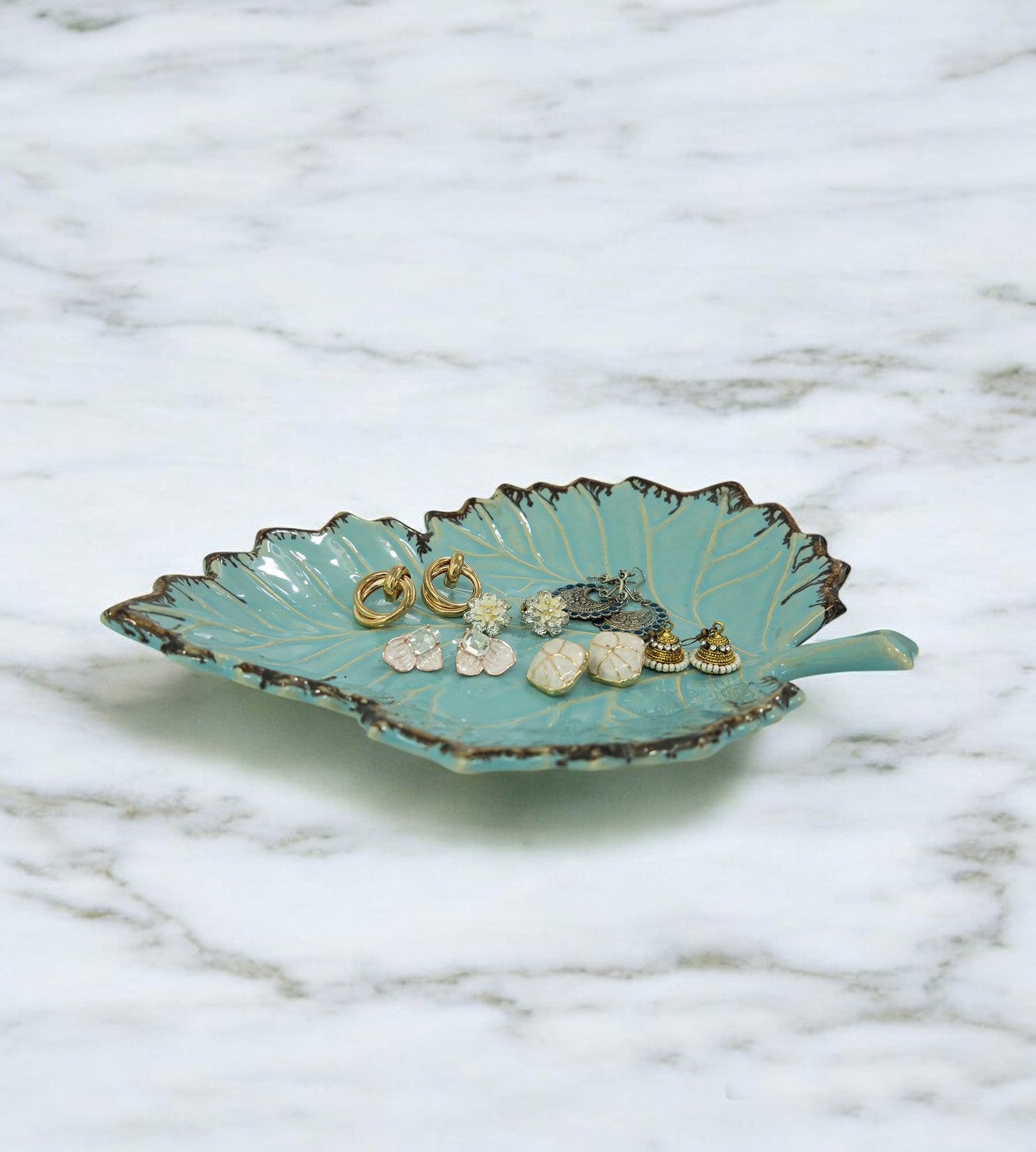 Ceramic Blue Leaf Shape Multipurpose Tray
