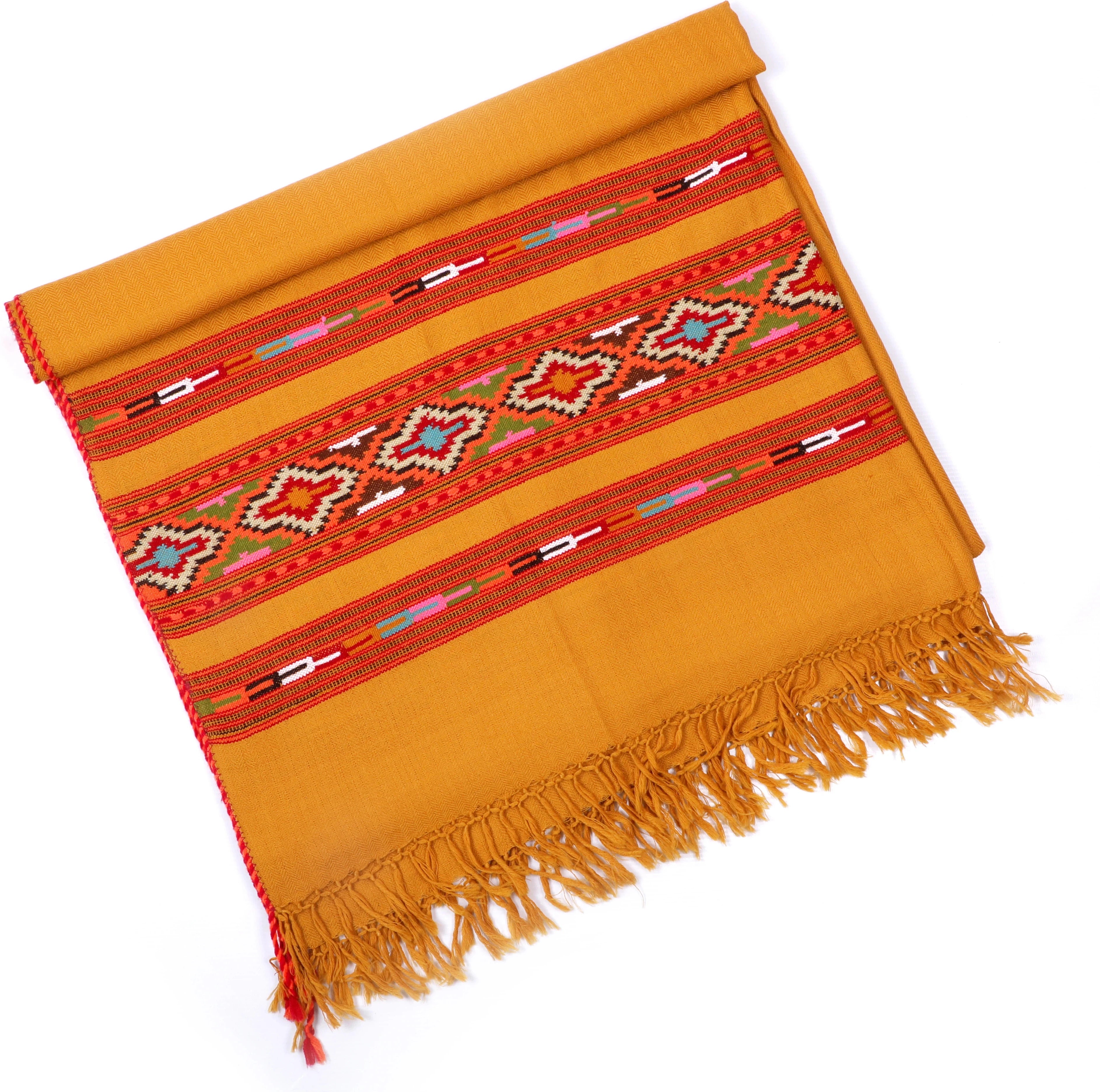 Handcrafted Kullu Pure Wool Yellow Shawl with 3-Stripe Cashmilone Design