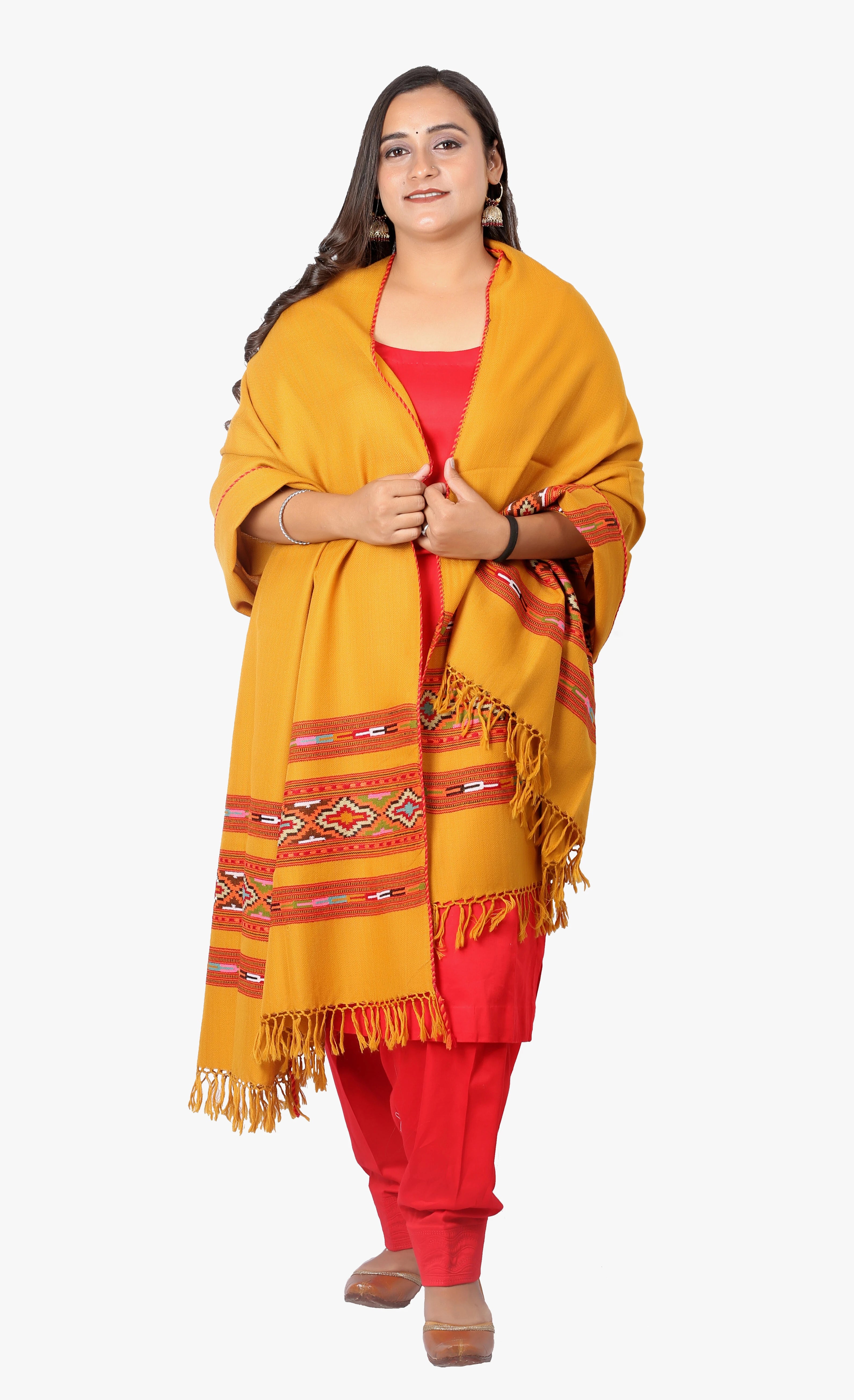Handcrafted Kullu Pure Wool Yellow Shawl with 3-Stripe Cashmilone Design