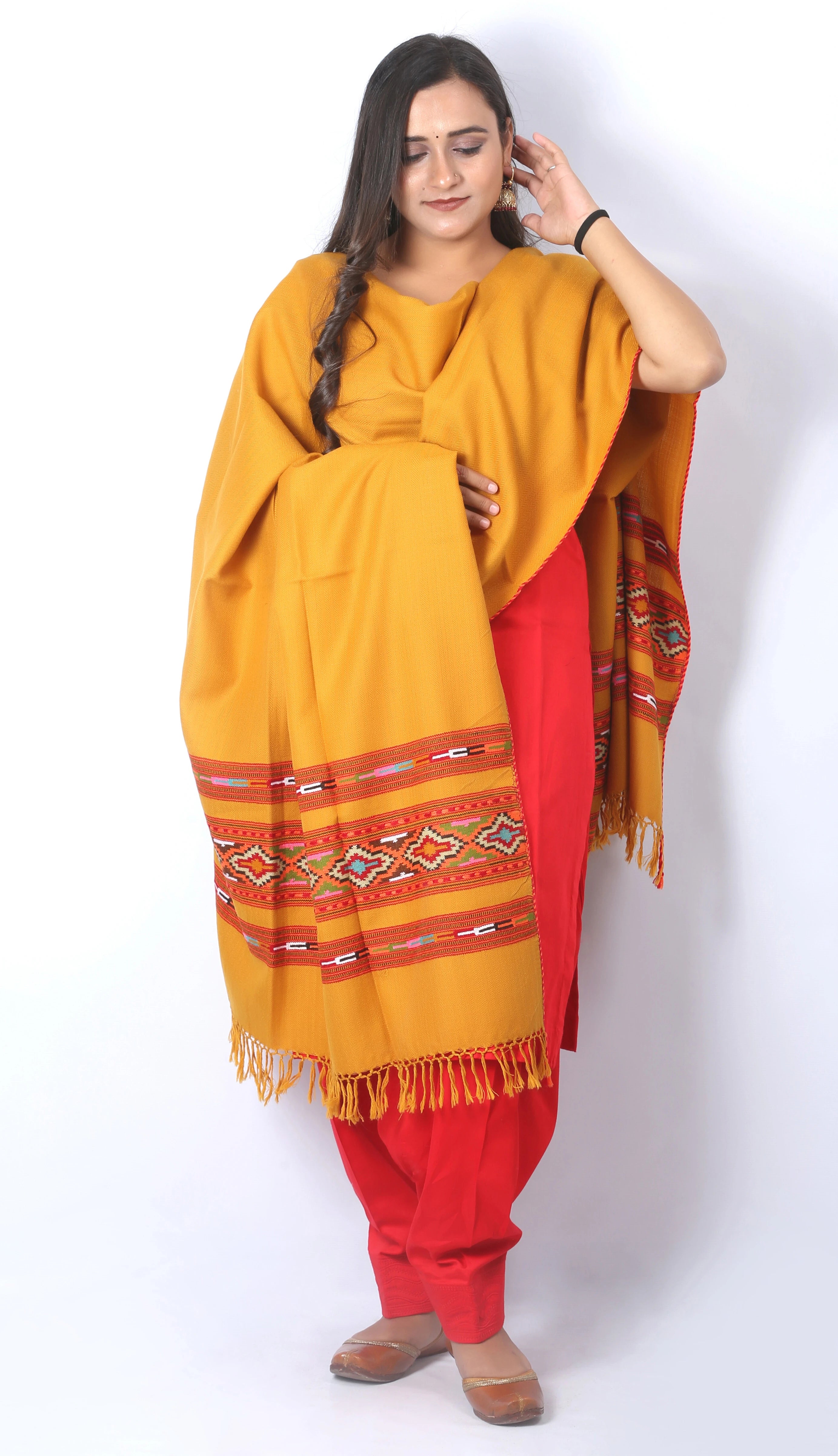 Handcrafted Kullu Pure Wool Yellow Shawl with 3-Stripe Cashmilone Design
