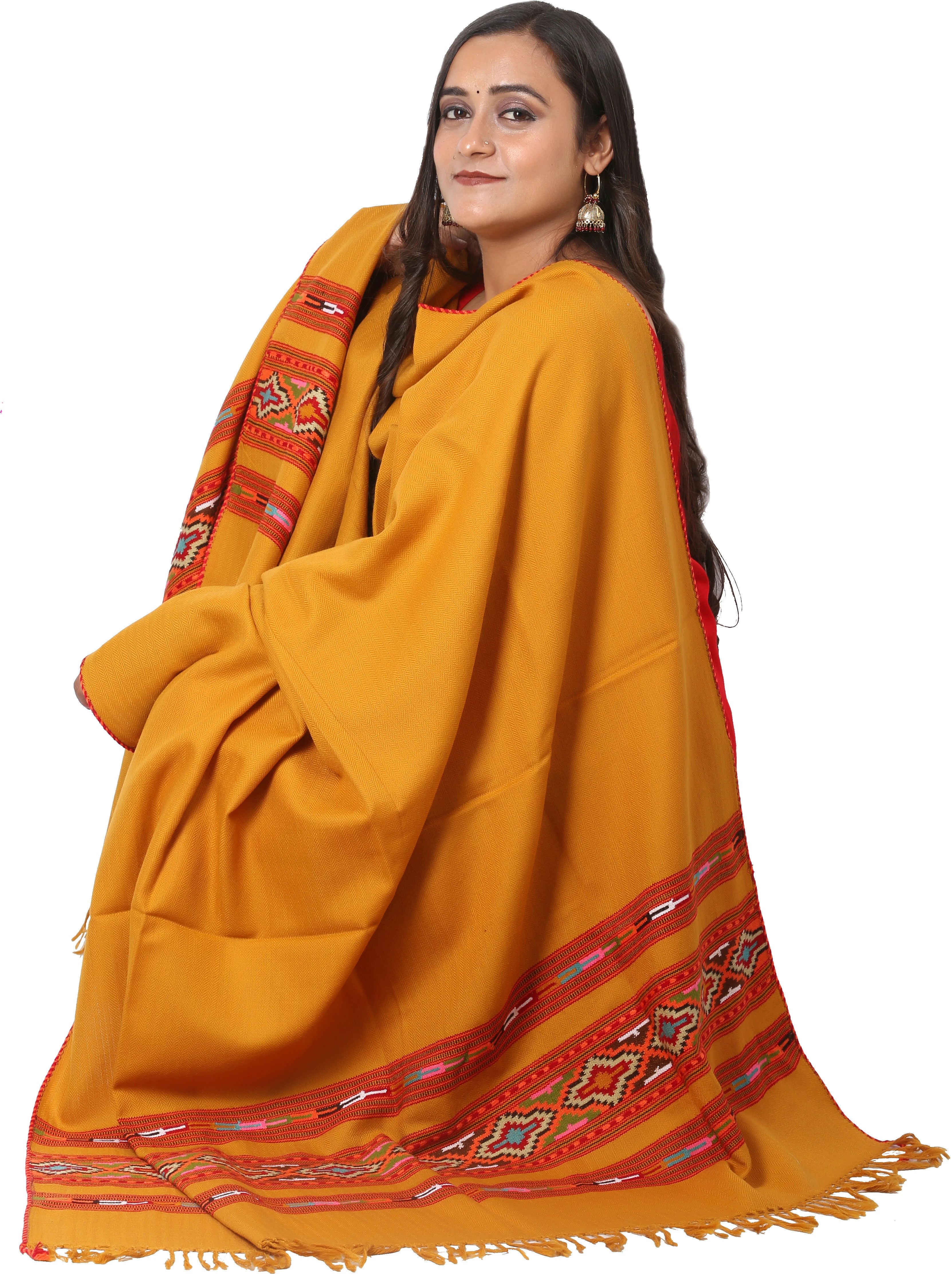 Handcrafted Kullu Pure Wool Yellow Shawl with 3-Stripe Cashmilone Design