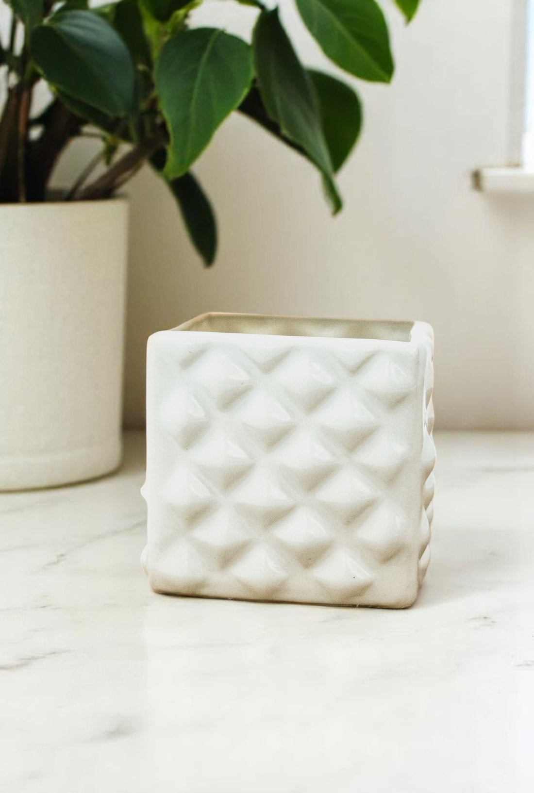 White Glossy Ceramic square diamond cut planter pot