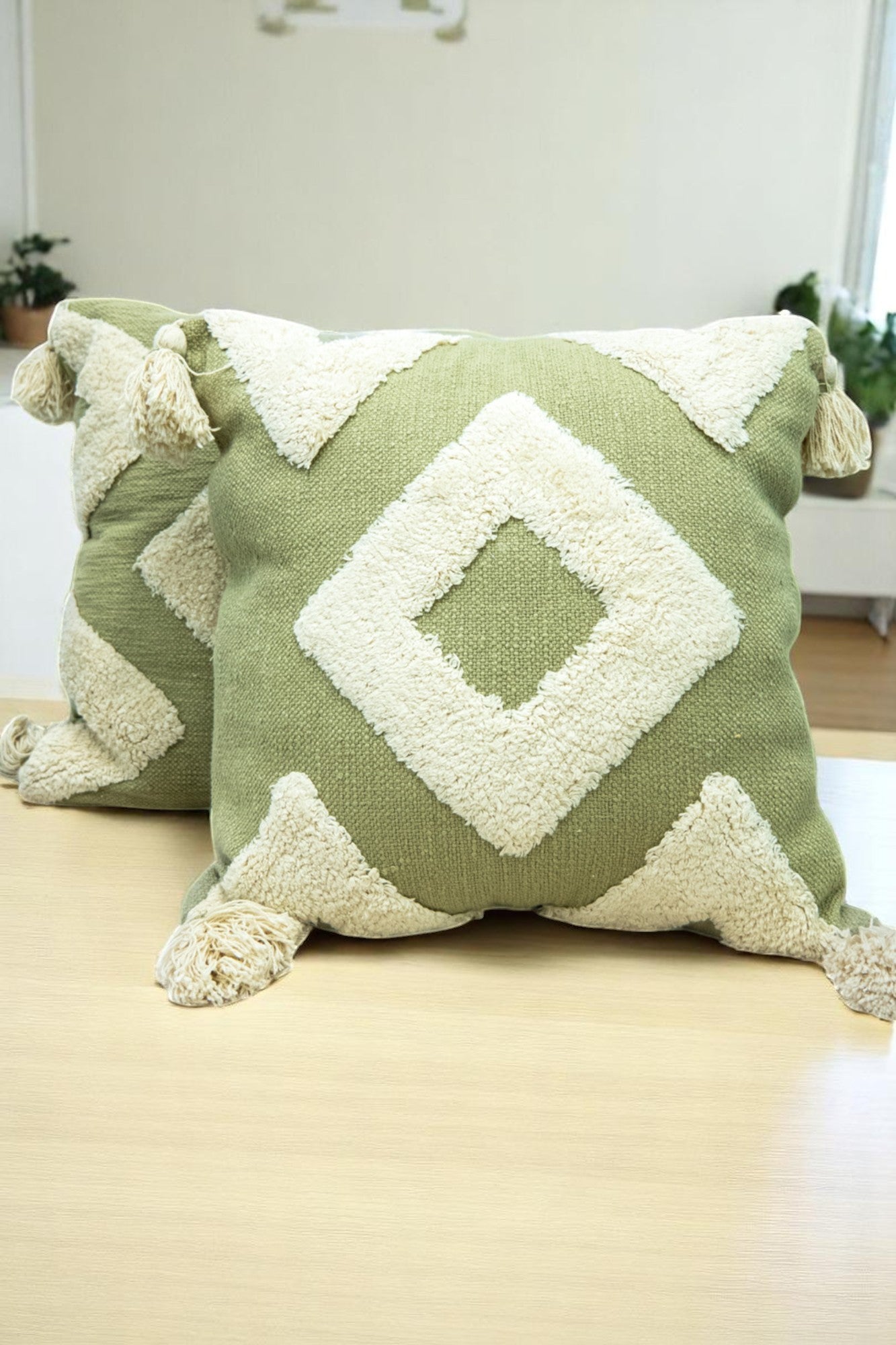 Green Decorative Tufted Cotton Cushion with Cover - Set of 2