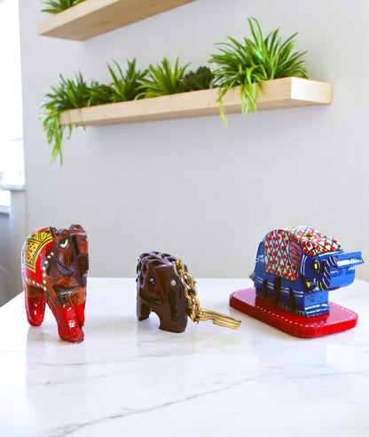 Woodcraft Charm Trio – Camel Showpiece, Elephant Key Chain, Elephant Incense Stick Holder