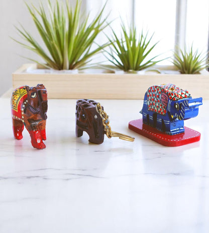 Woodcraft Charm Trio – Camel Showpiece, Elephant Key Chain, Elephant Incense Stick Holder