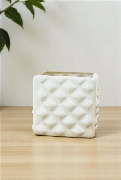 White Glossy Ceramic square diamond cut planter pot