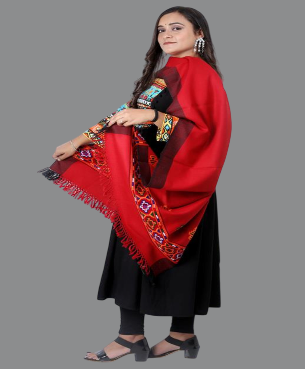 Traditional Kullu Striped Design Woollen Red Stole
