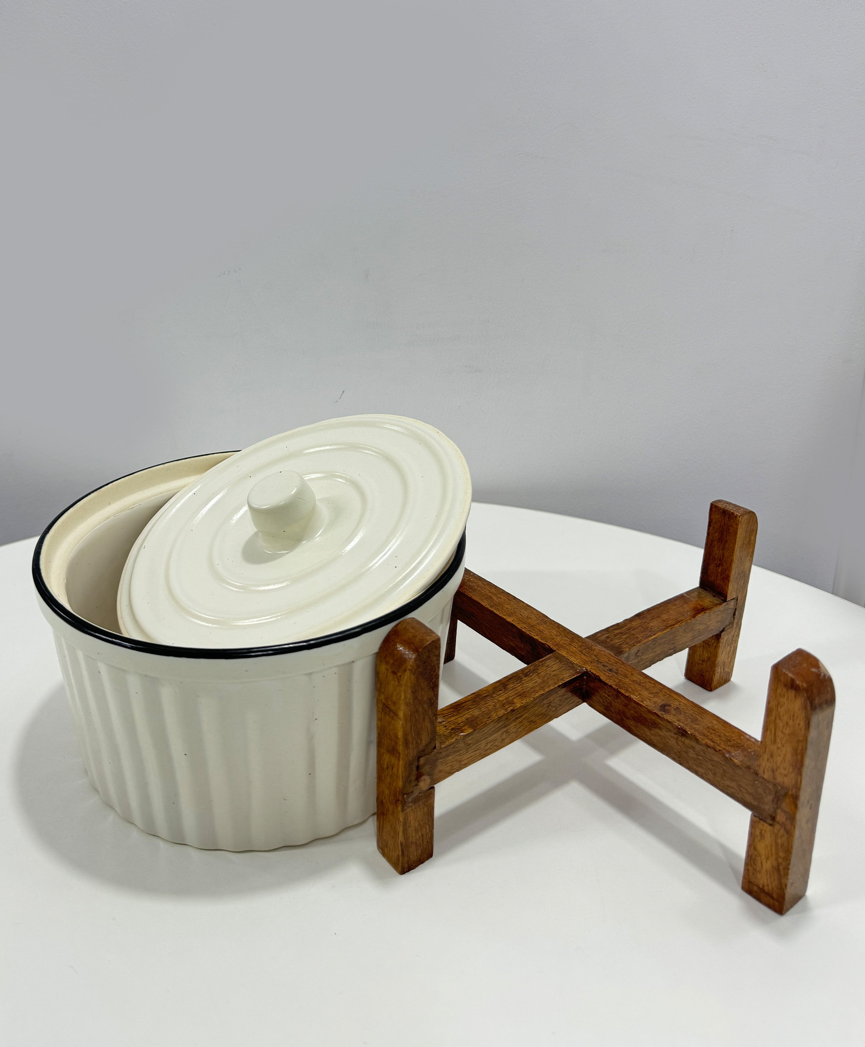 Ceramic White Kitchen Bowl with Wooden Stand