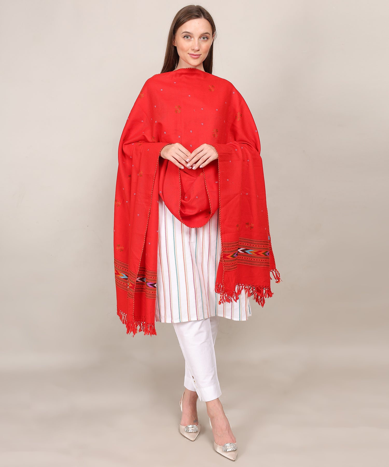 Traditional Handwoven Pure Woollen Kullu Design Red Shawl