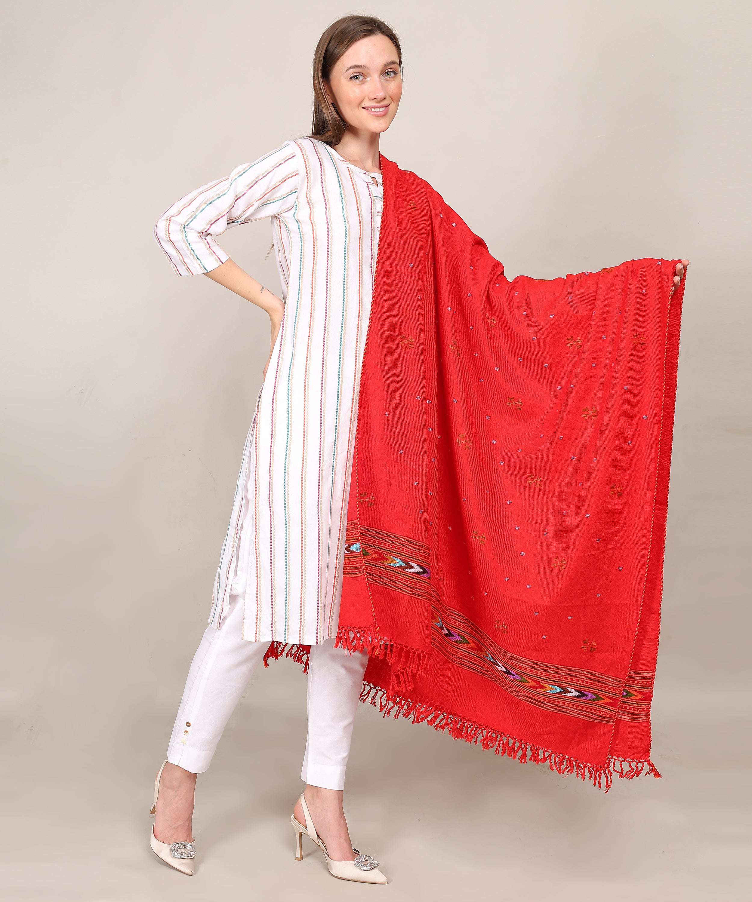Traditional Handwoven Pure Woollen Kullu Design Red Shawl