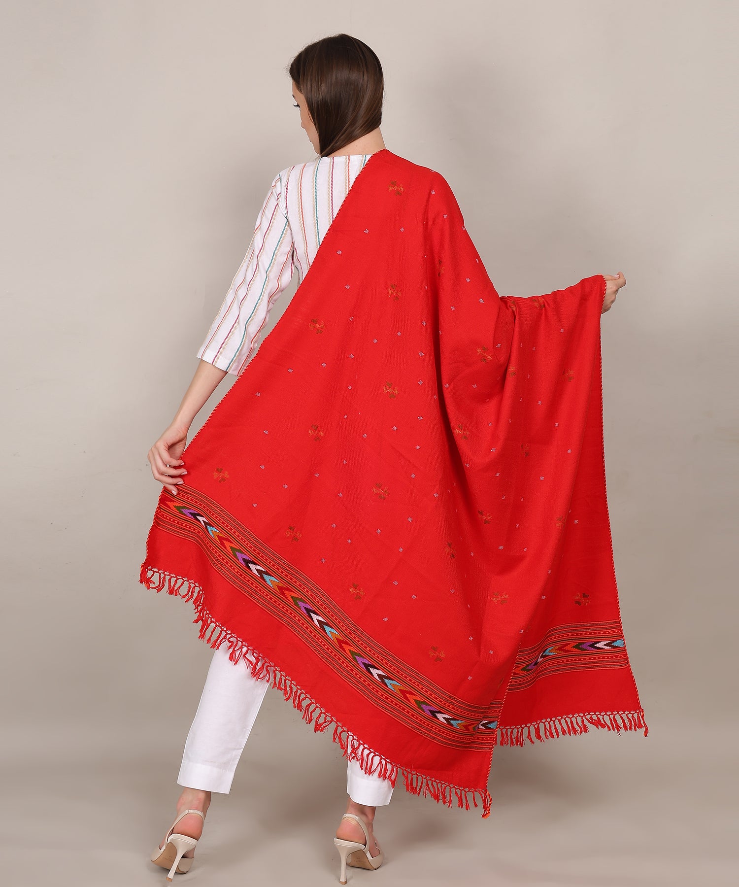 Traditional Handwoven Pure Woollen Kullu Design Red Shawl