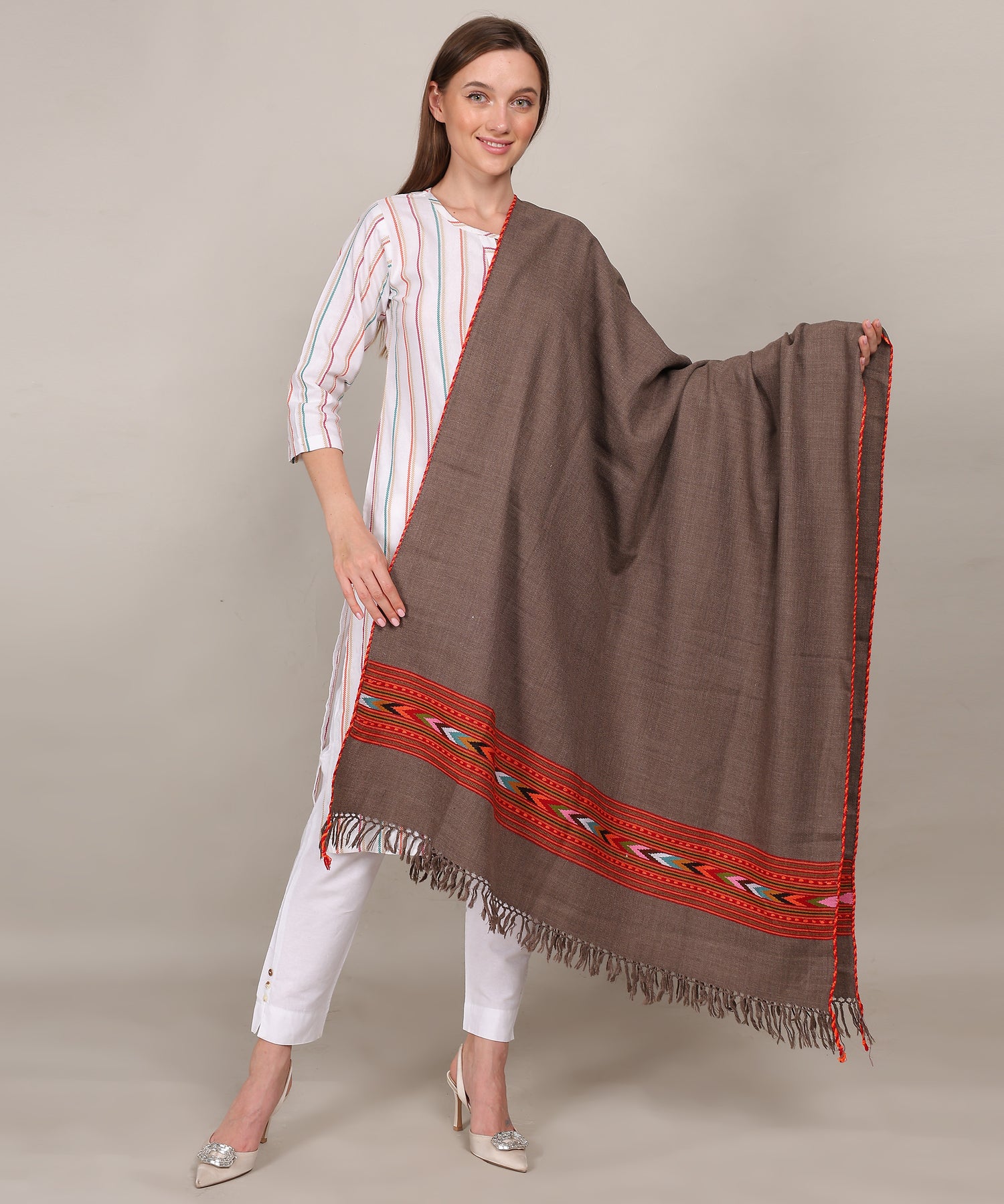 Hand Woven Pure Woollen Kullu Design One Patti Border Brown Shawl