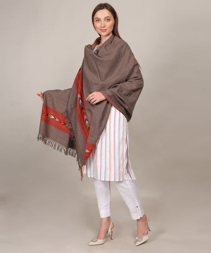Hand Woven Pure Woollen Kullu Design One Patti Border Brown Shawl