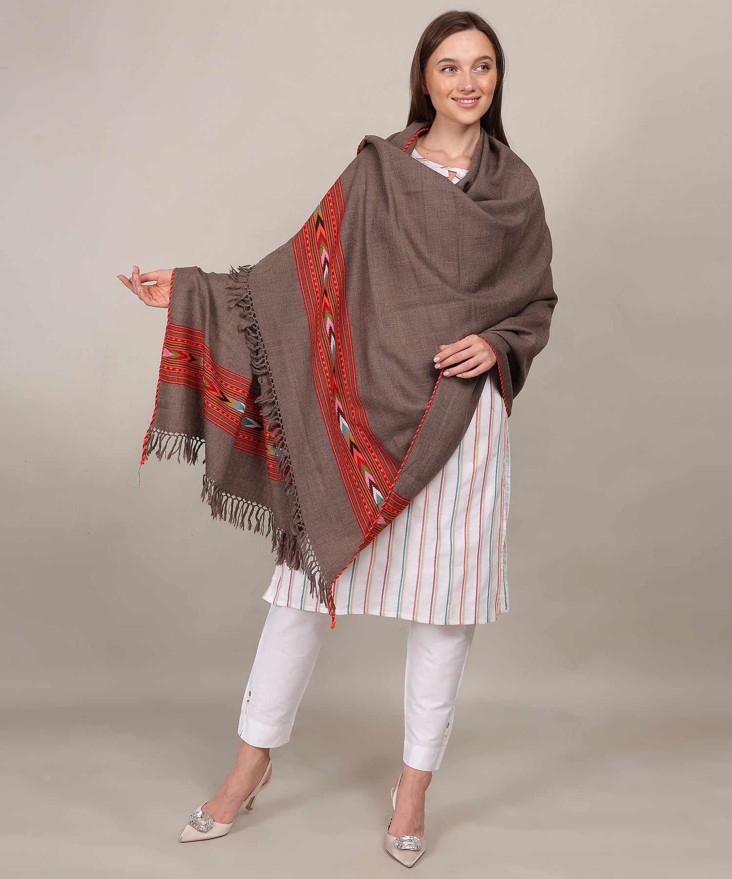 Hand Woven Pure Woollen Kullu Design One Patti Border Brown Shawl