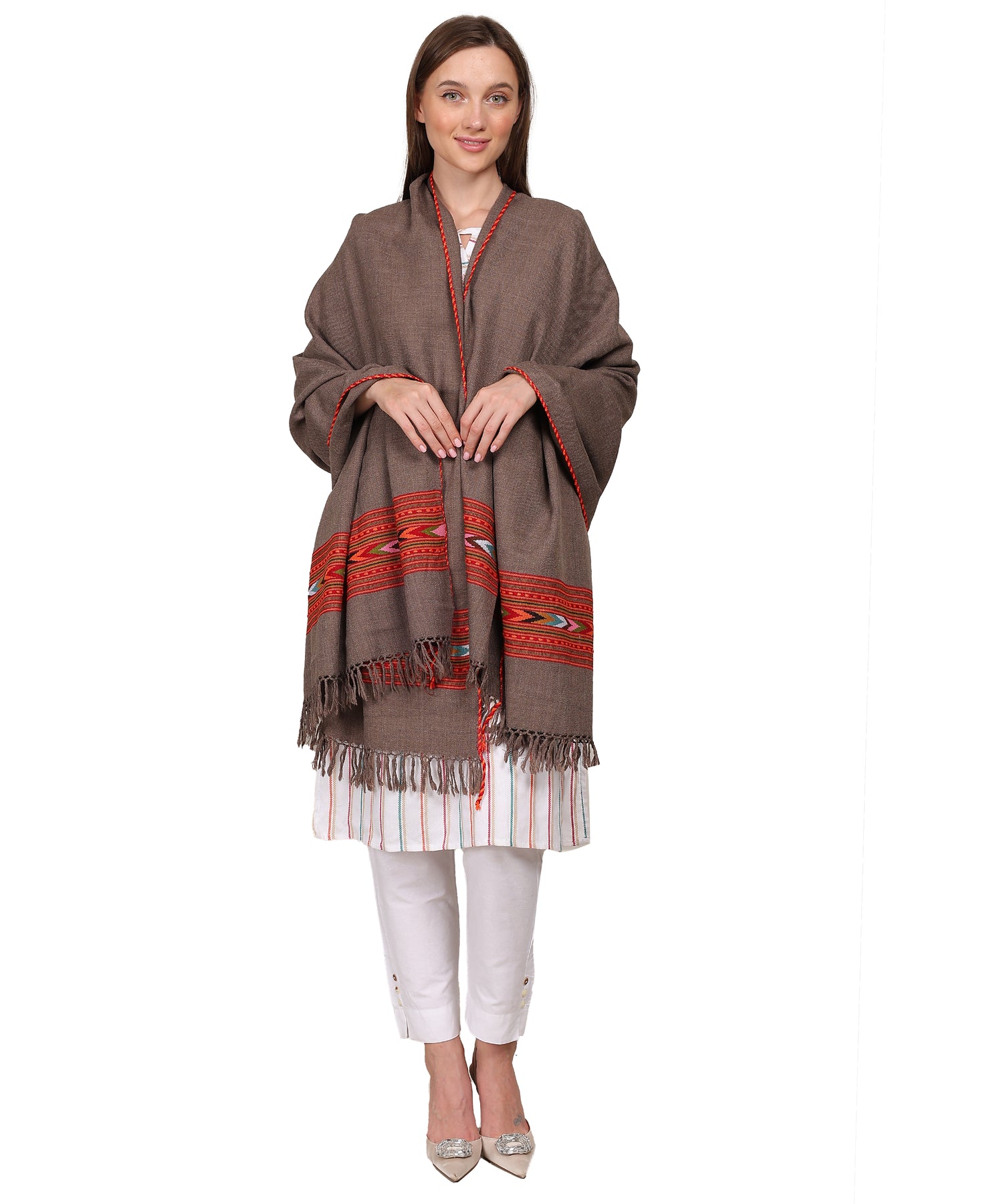 Hand Woven Pure Woollen Kullu Design One Patti Border Brown Shawl
