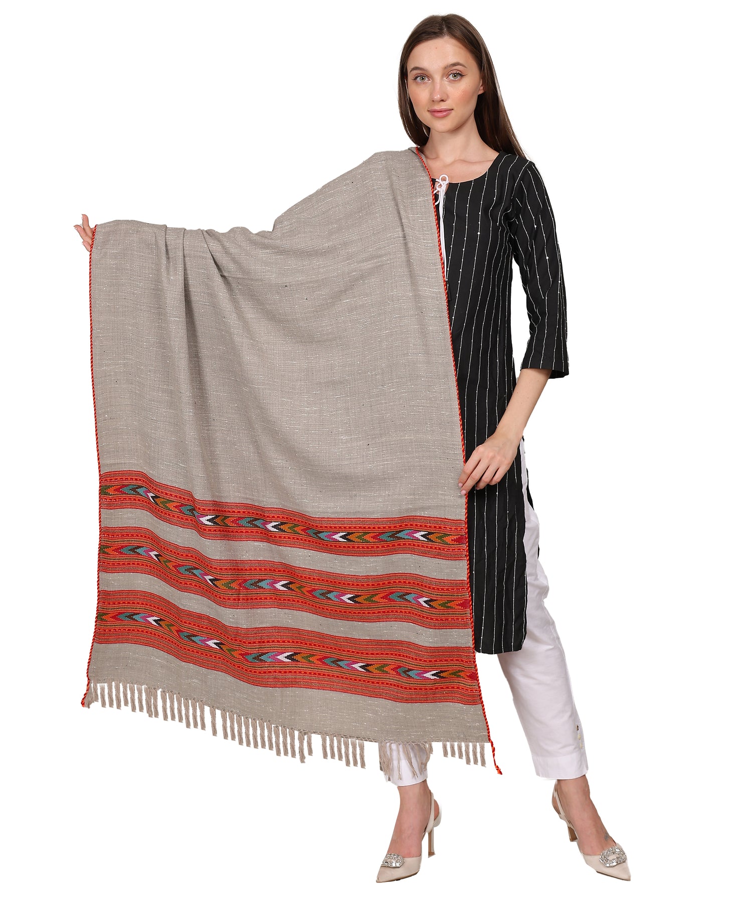 Pure Woollen Hand Woven Design with Beautiful Triple Border Kullu Angora Grey Shawl
