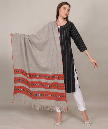 Pure Woollen Hand Woven Design with Beautiful Triple Border Kullu Angora Grey Shawl