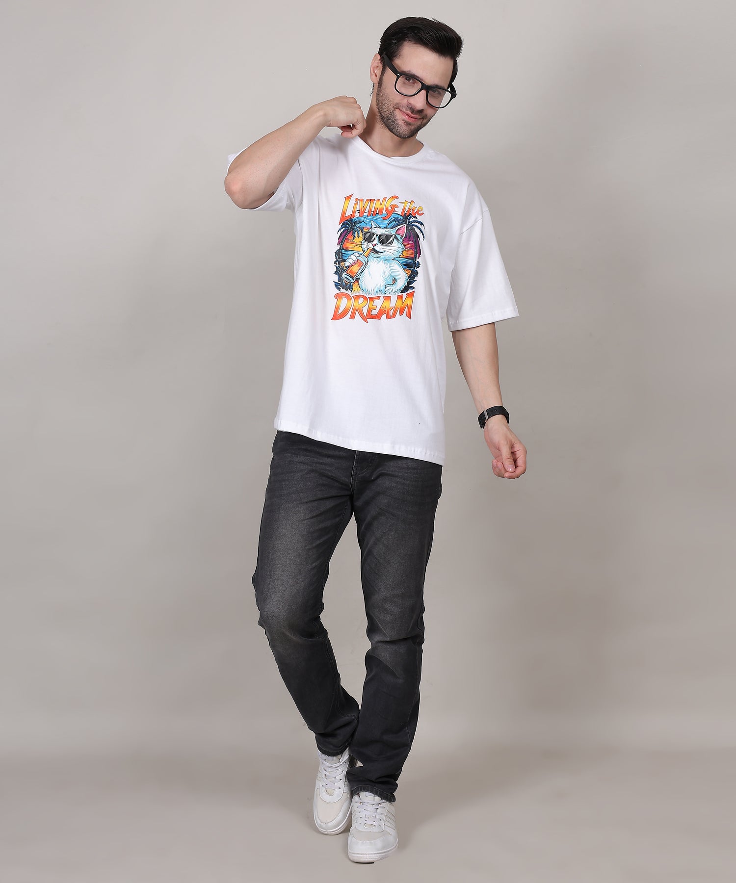 Lightweight White Cotton Oversized Biowash Printed T-Shirt for Men – Half Sleeves