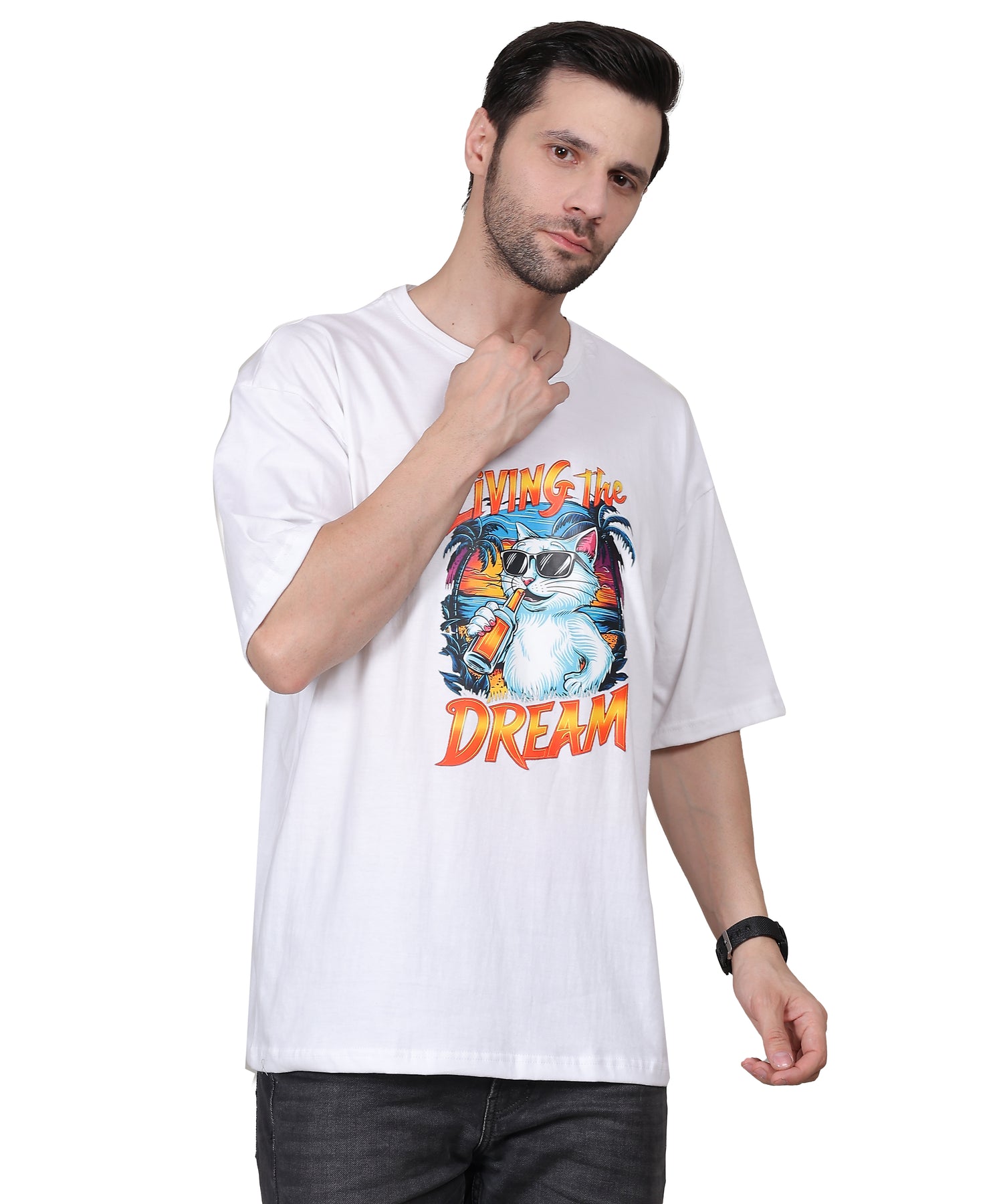 Lightweight White Cotton Oversized Biowash Printed T-Shirt for Men – Half Sleeves