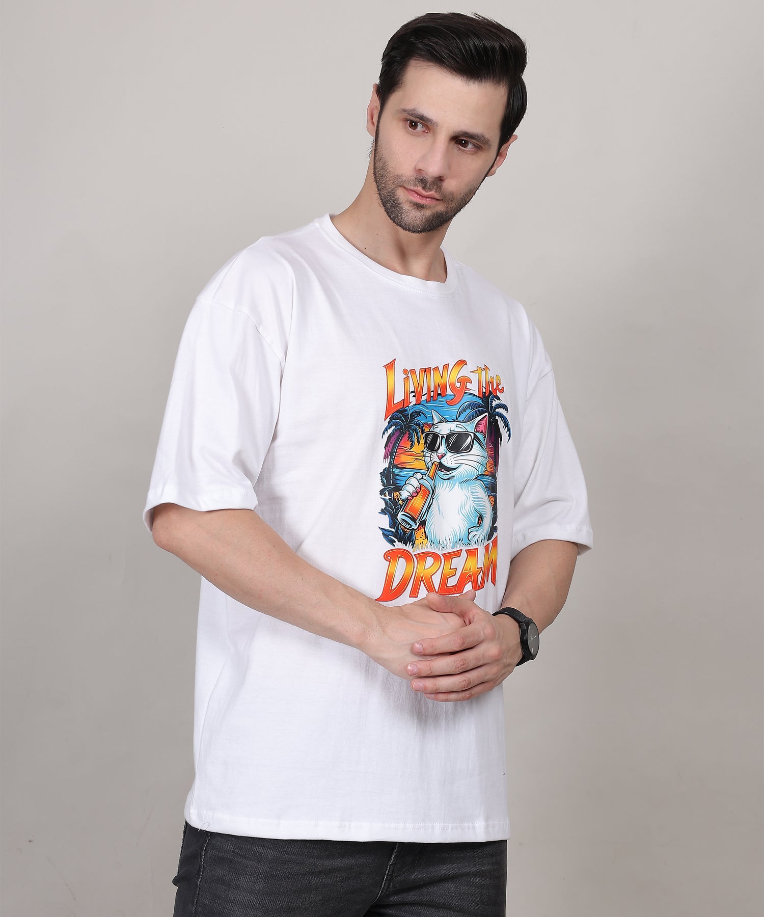 Lightweight White Cotton Oversized Biowash Printed T-Shirt for Men – Half Sleeves