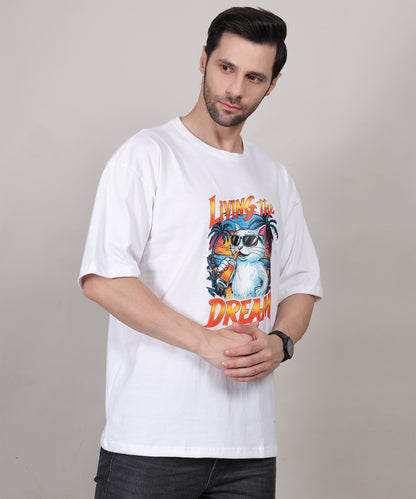 Lightweight White Cotton Oversized Biowash Printed T-Shirt for Men – Half Sleeves