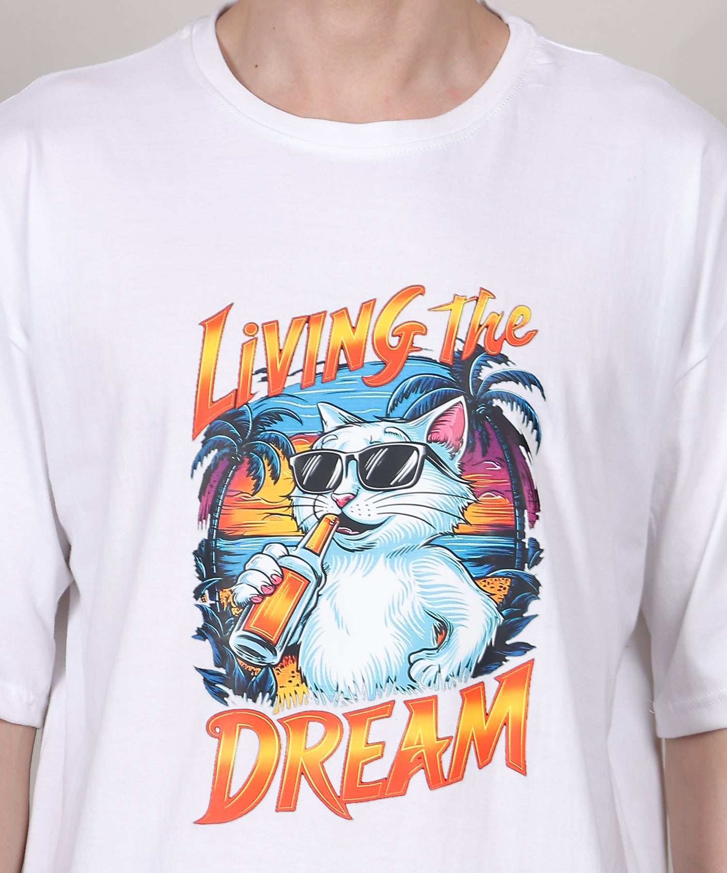 Lightweight White Cotton Oversized Biowash Printed T-Shirt for Men – Half Sleeves