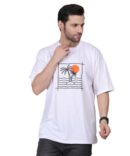 Relaxed Fit White Cotton Printed T-Shirt for Men – Bio-Wash, Oversized, Half Sleeve Tee