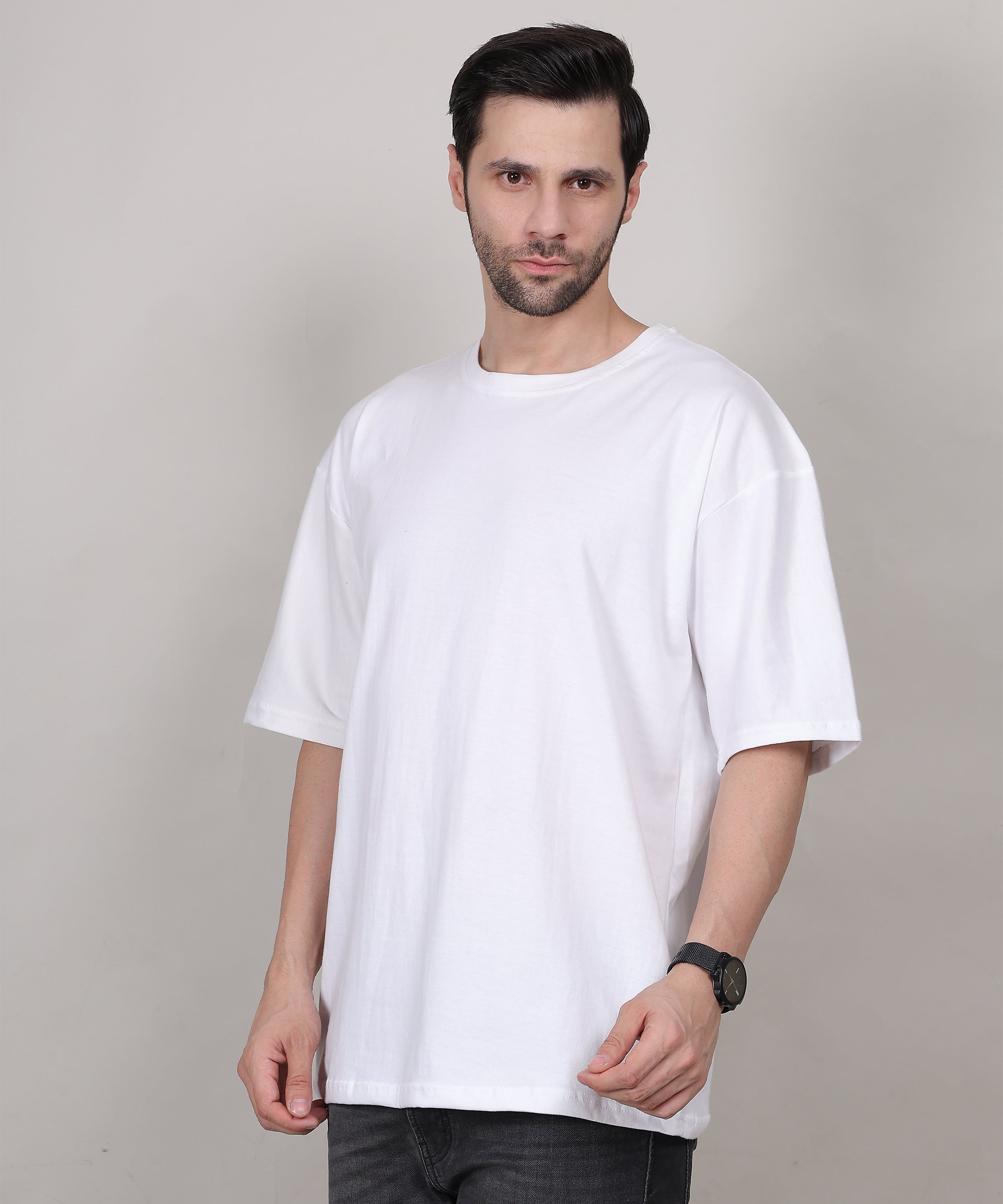 Men's Bio-Washed White Cotton T-Shirt – Oversized Fit, Half Sleeves, Comfortable & Soft
