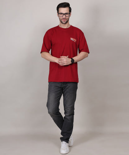 Maroon Oversized Cotton T-Shirt for Men – Bio-Wash, Half Sleeves, Unique Print Design
