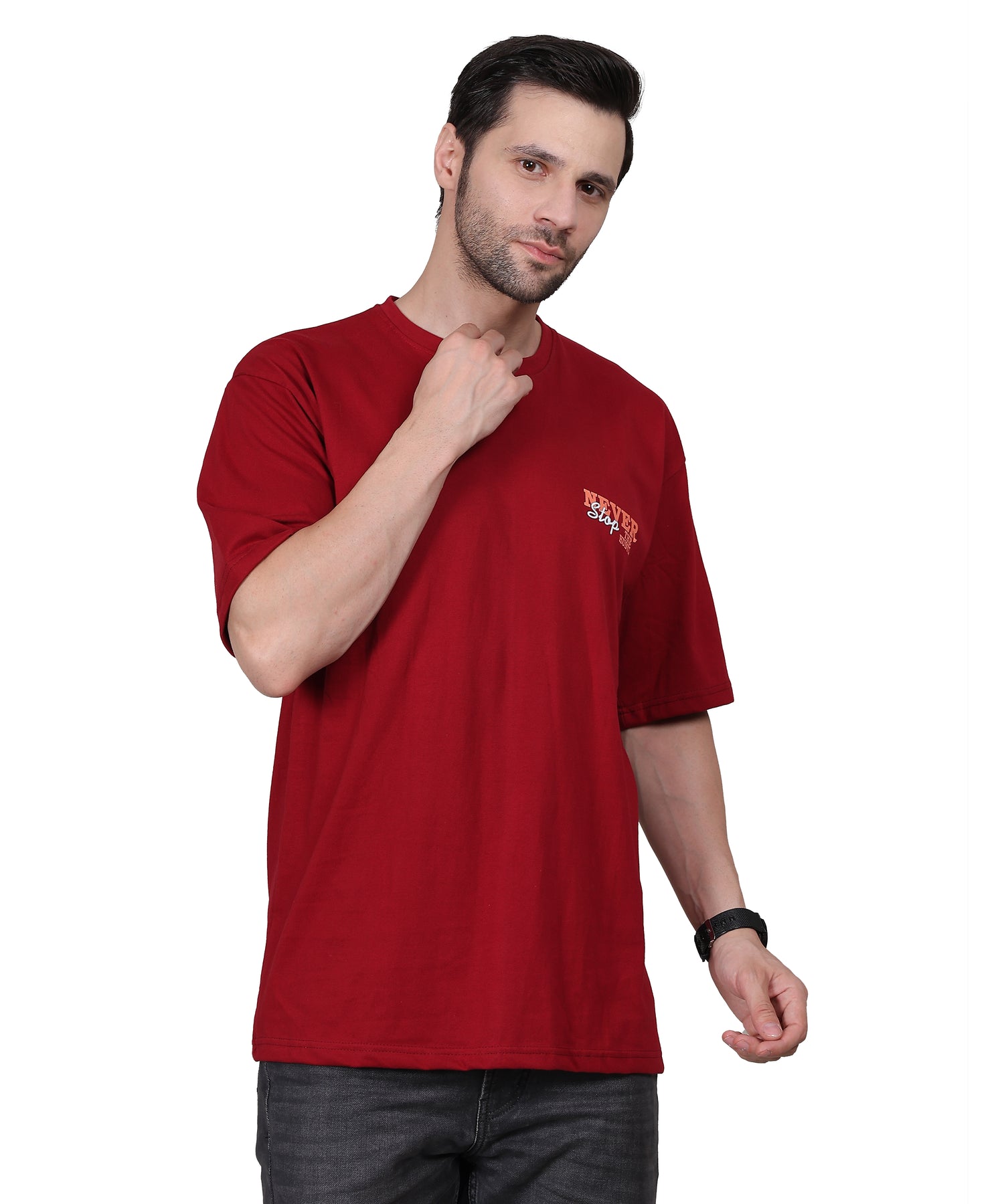 Maroon Oversized Cotton T-Shirt for Men – Bio-Wash, Half Sleeves, Unique Print Design