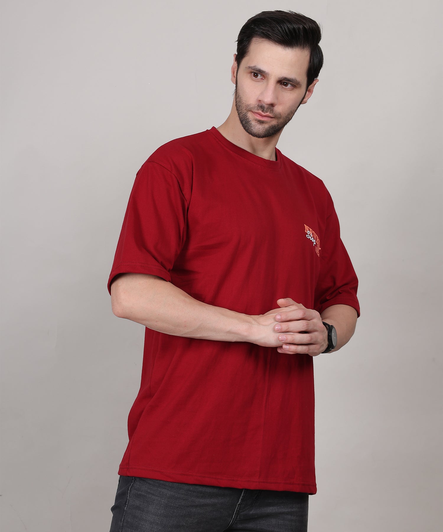 Maroon Oversized Cotton T-Shirt for Men – Bio-Wash, Half Sleeves, Unique Print Design