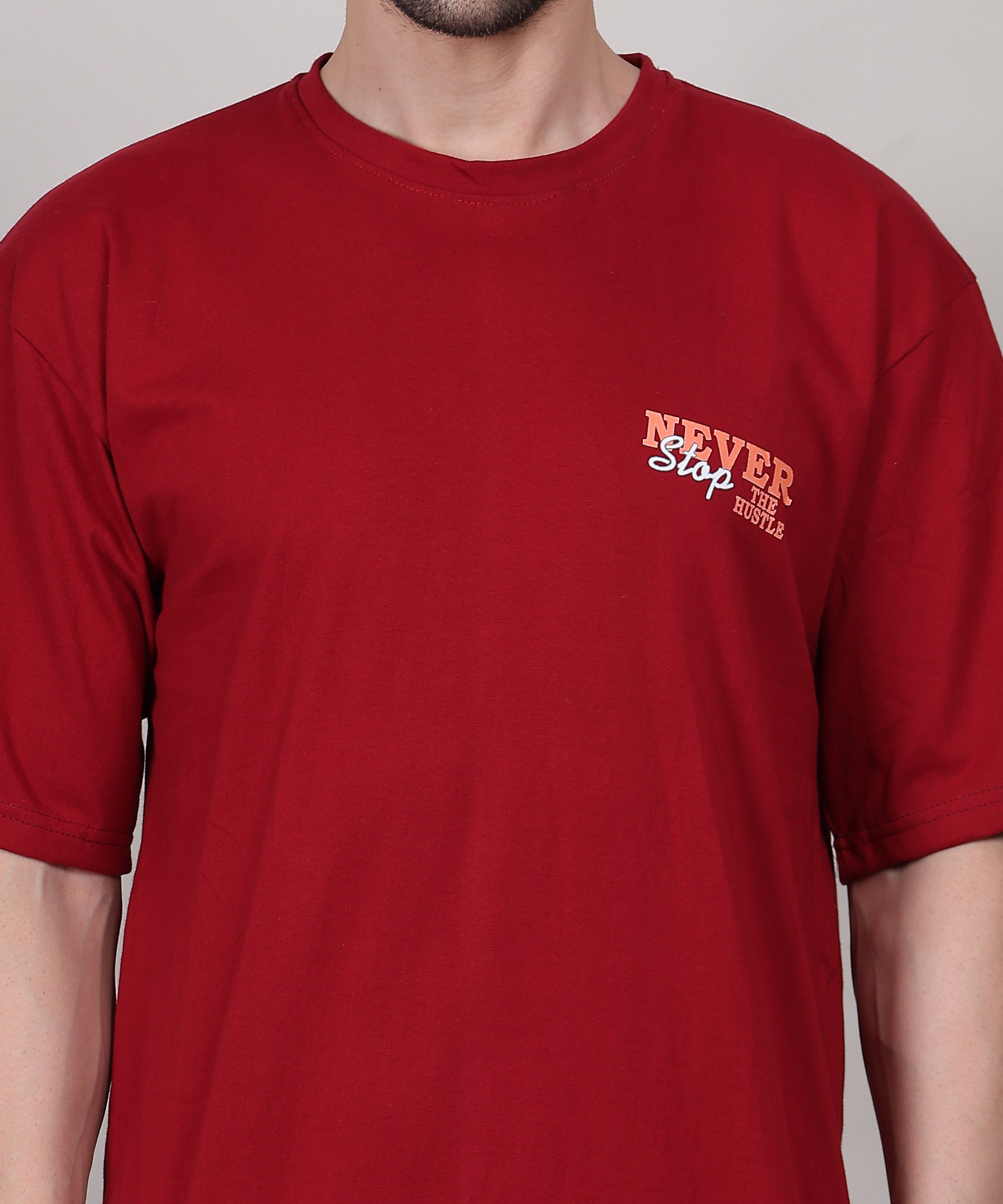 Maroon Oversized Cotton T-Shirt for Men – Bio-Wash, Half Sleeves, Unique Print Design