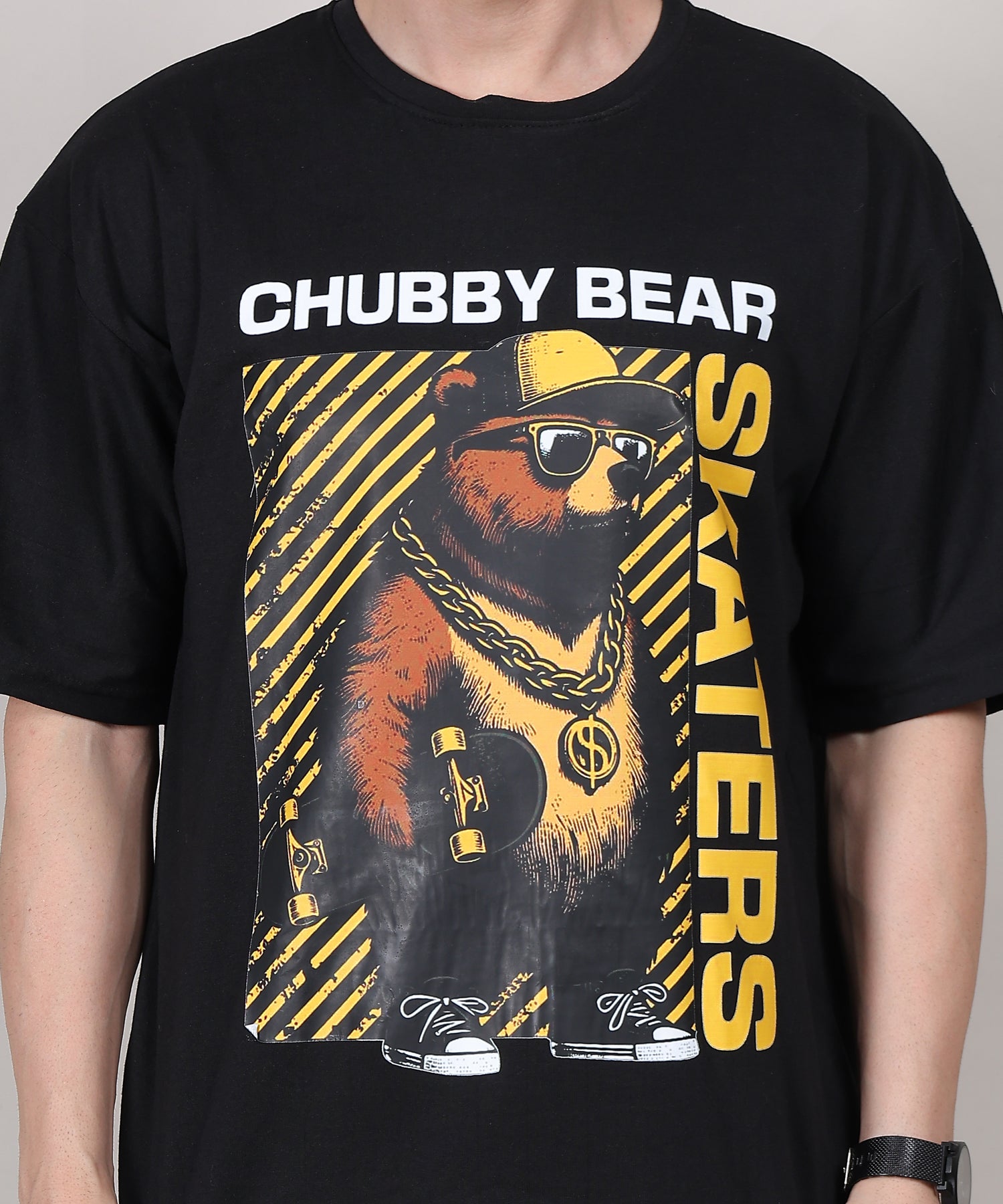 Black Cotton Half Sleeve Oversized Biowash Printed T Shirt