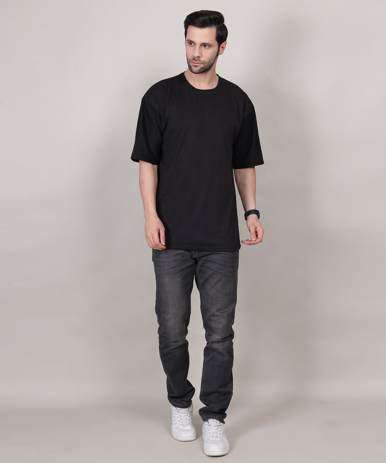 Black Cotton Half Sleeve Oversized Biowash Round Neck T-Shirt