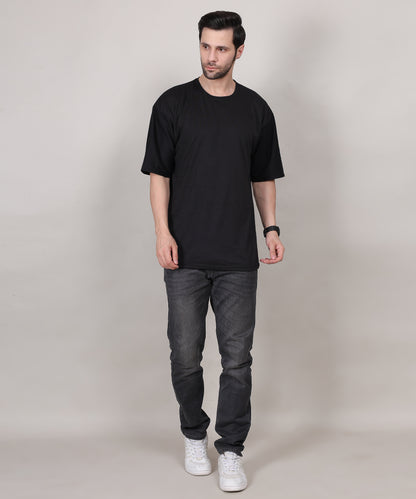 Black Cotton Half Sleeve Oversized Biowash Round Neck T-Shirt