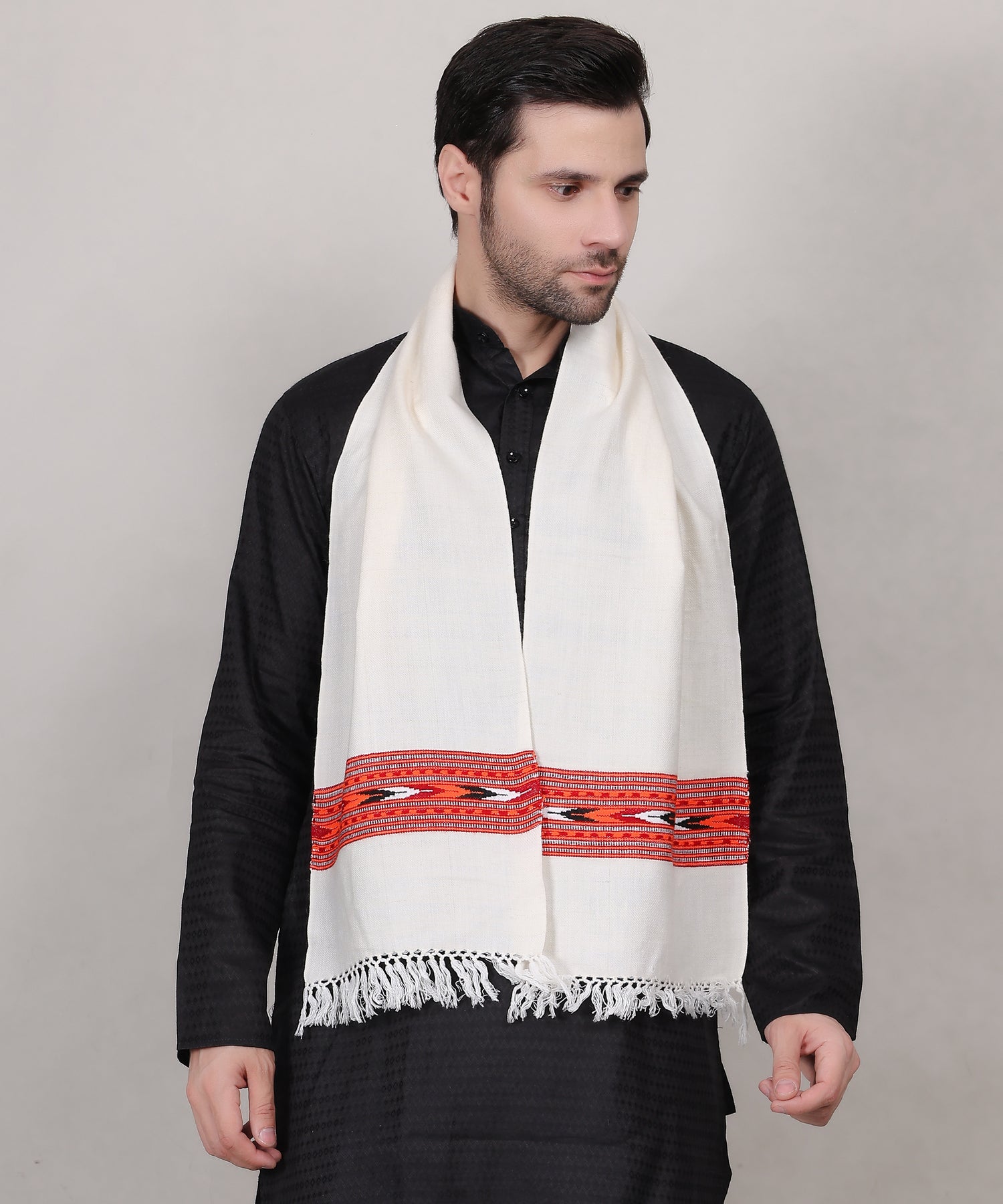 Authentic Handwoven Kullu Woollen White Muffler – Premium Embroidered Patti Design