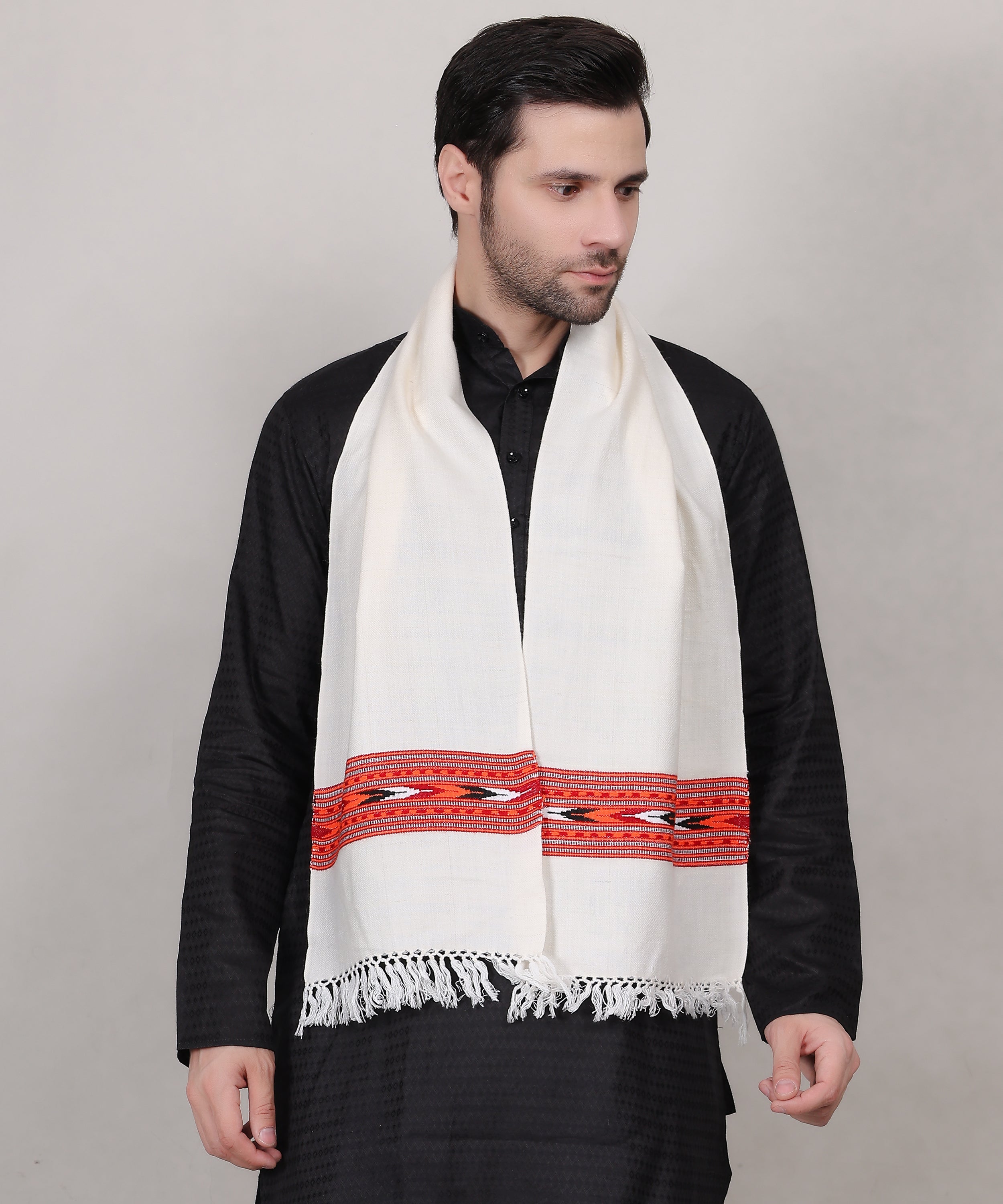 Authentic Handwoven Kullu Woollen White Muffler – Premium Embroidered Patti Design