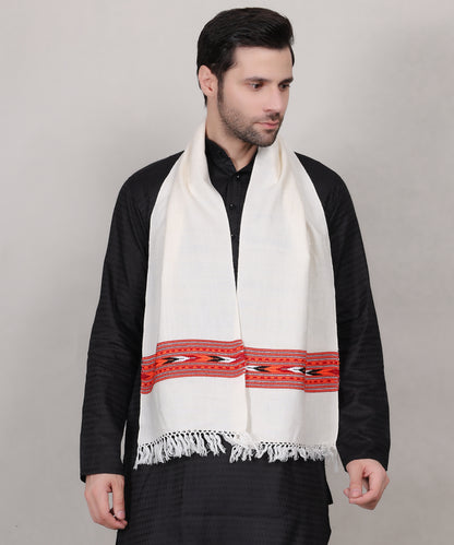 Authentic Handwoven Kullu Woollen White Muffler – Premium Embroidered Patti Design