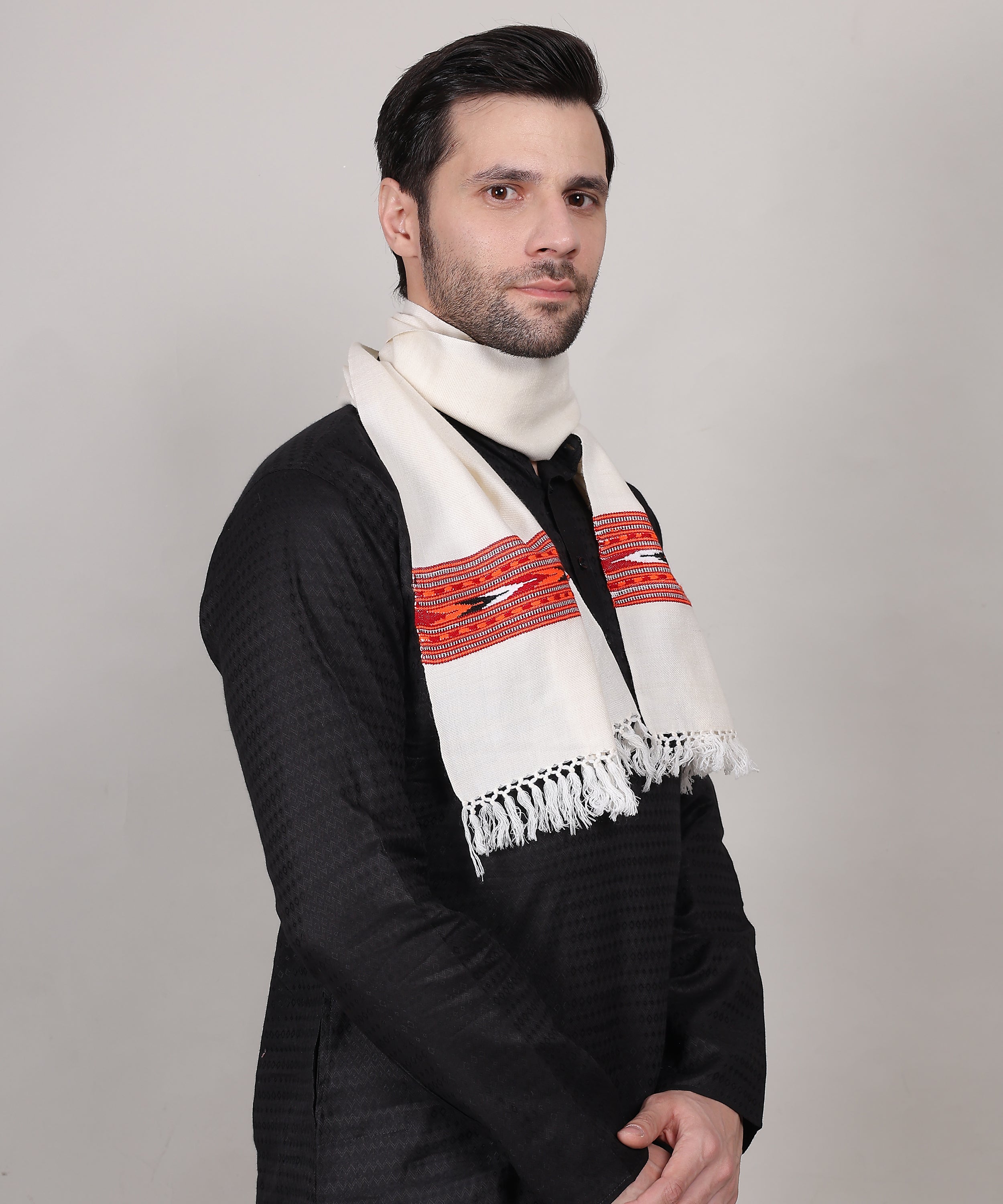 Authentic Handwoven Kullu Woollen White Muffler – Premium Embroidered Patti Design
