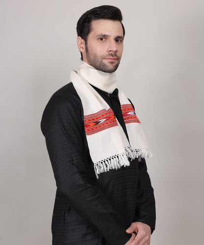 Authentic Handwoven Kullu Woollen White Muffler – Premium Embroidered Patti Design